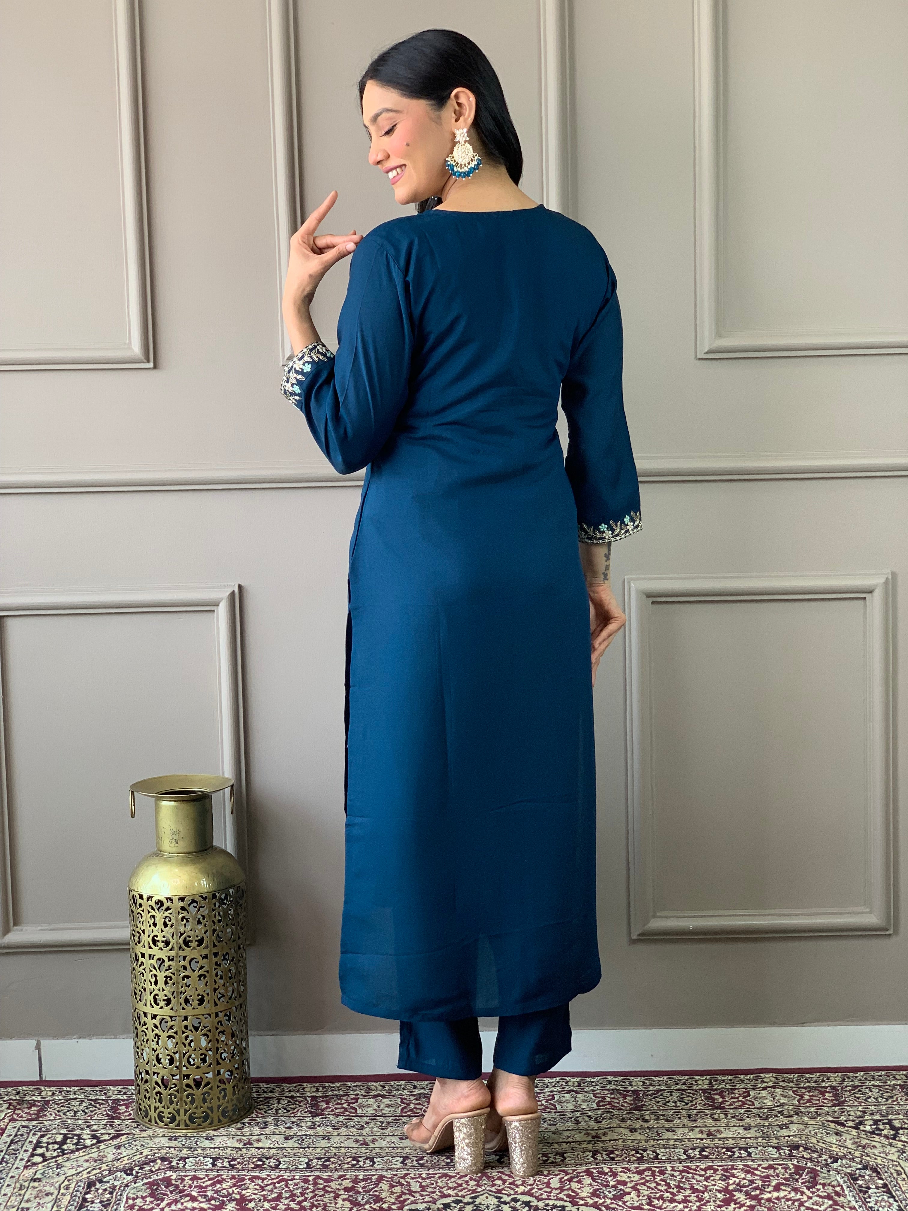 Petrol Blue Viscose Chanderi Kurti Set with Embroidered Neckline