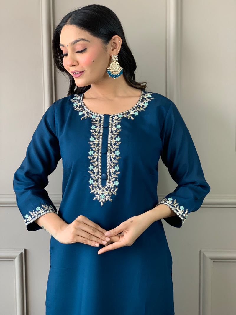 Petrol Blue Viscose Chanderi Kurti Set with Embroidered Neckline
