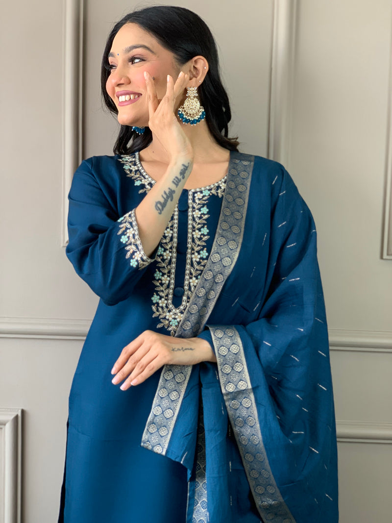 Petrol Blue Viscose Chanderi Kurti Set with Embroidered Neckline