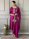Wine Viscose Chanderi Kurti Set with Embroidered Neckline