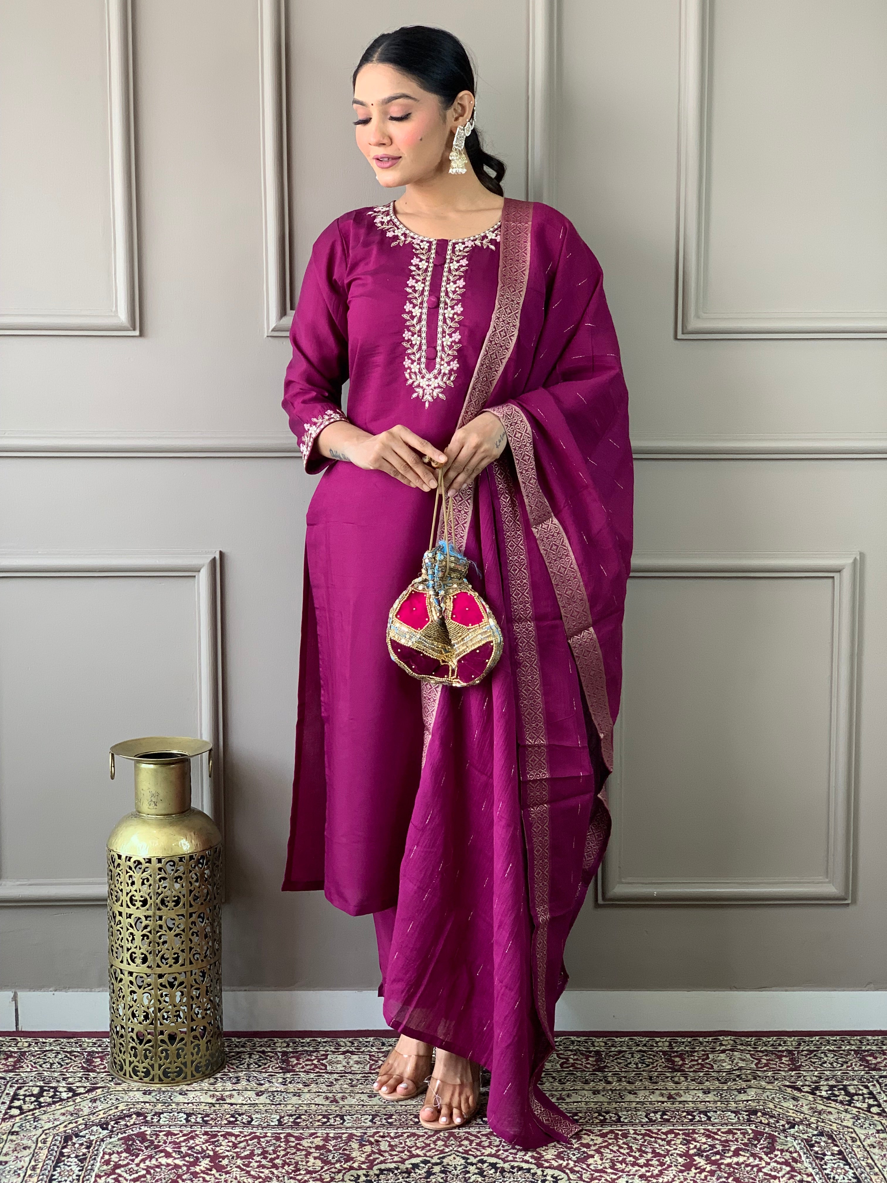 Wine Viscose Chanderi Kurti Set with Embroidered Neckline