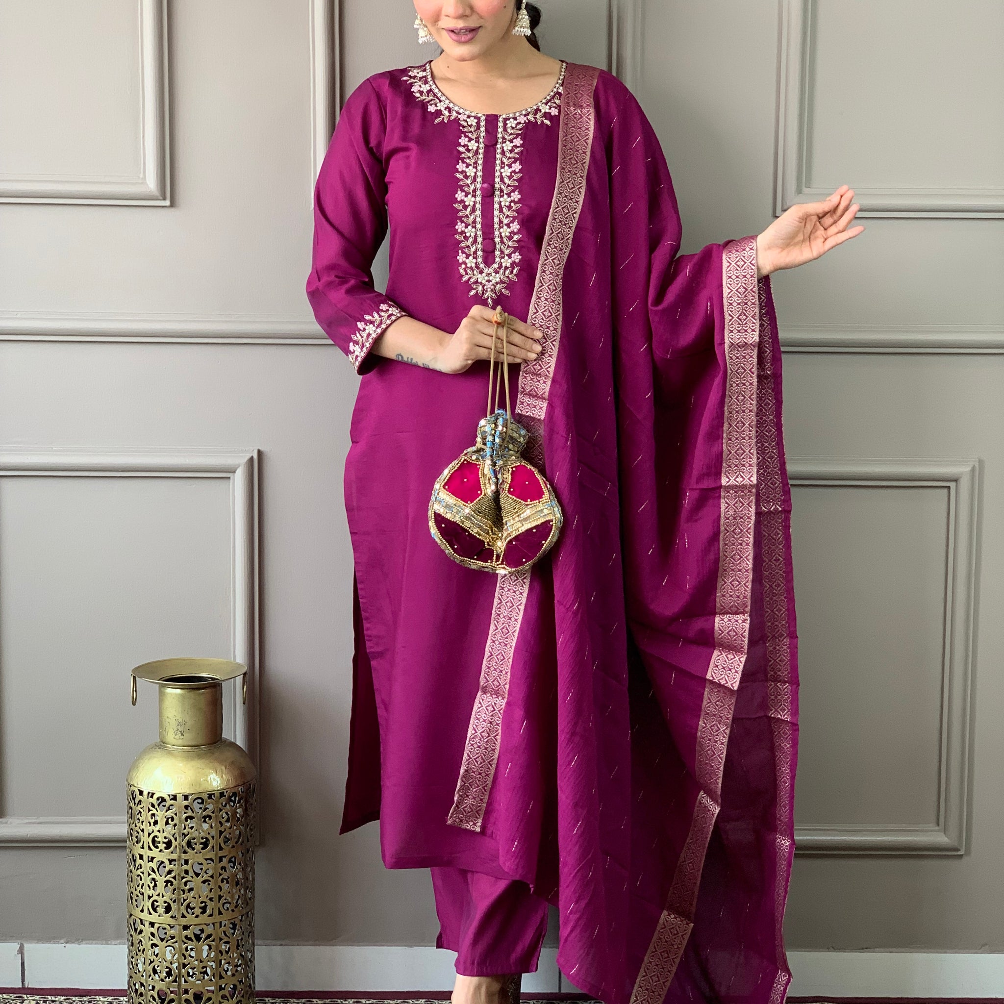 Wine Viscose Chanderi Kurti Set with Embroidered Neckline