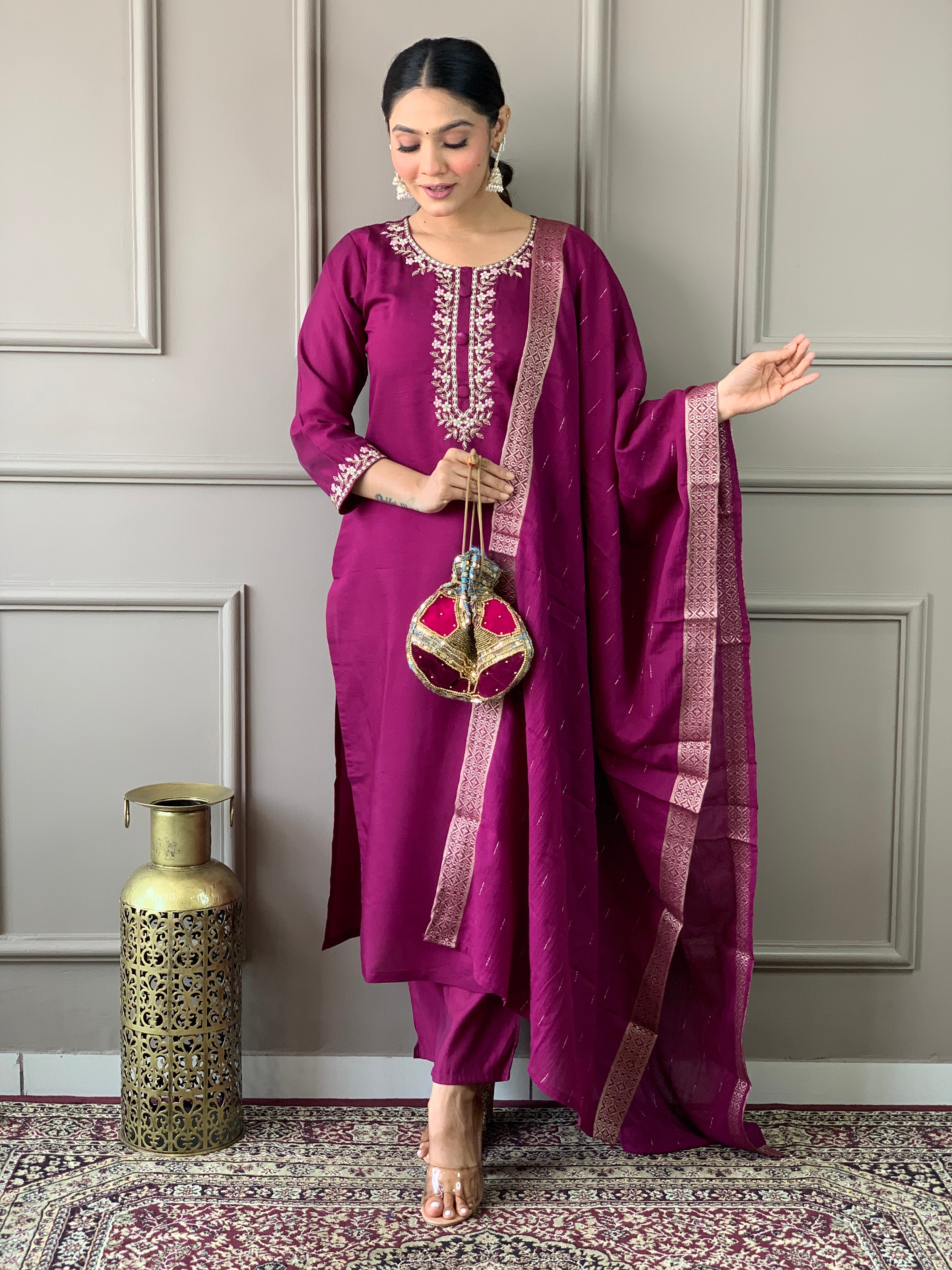 Wine Viscose Chanderi Kurti Set with Embroidered Neckline