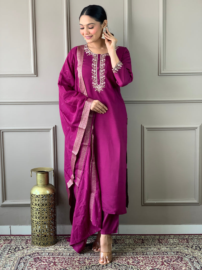 Wine Viscose Chanderi Kurti Set with Embroidered Neckline