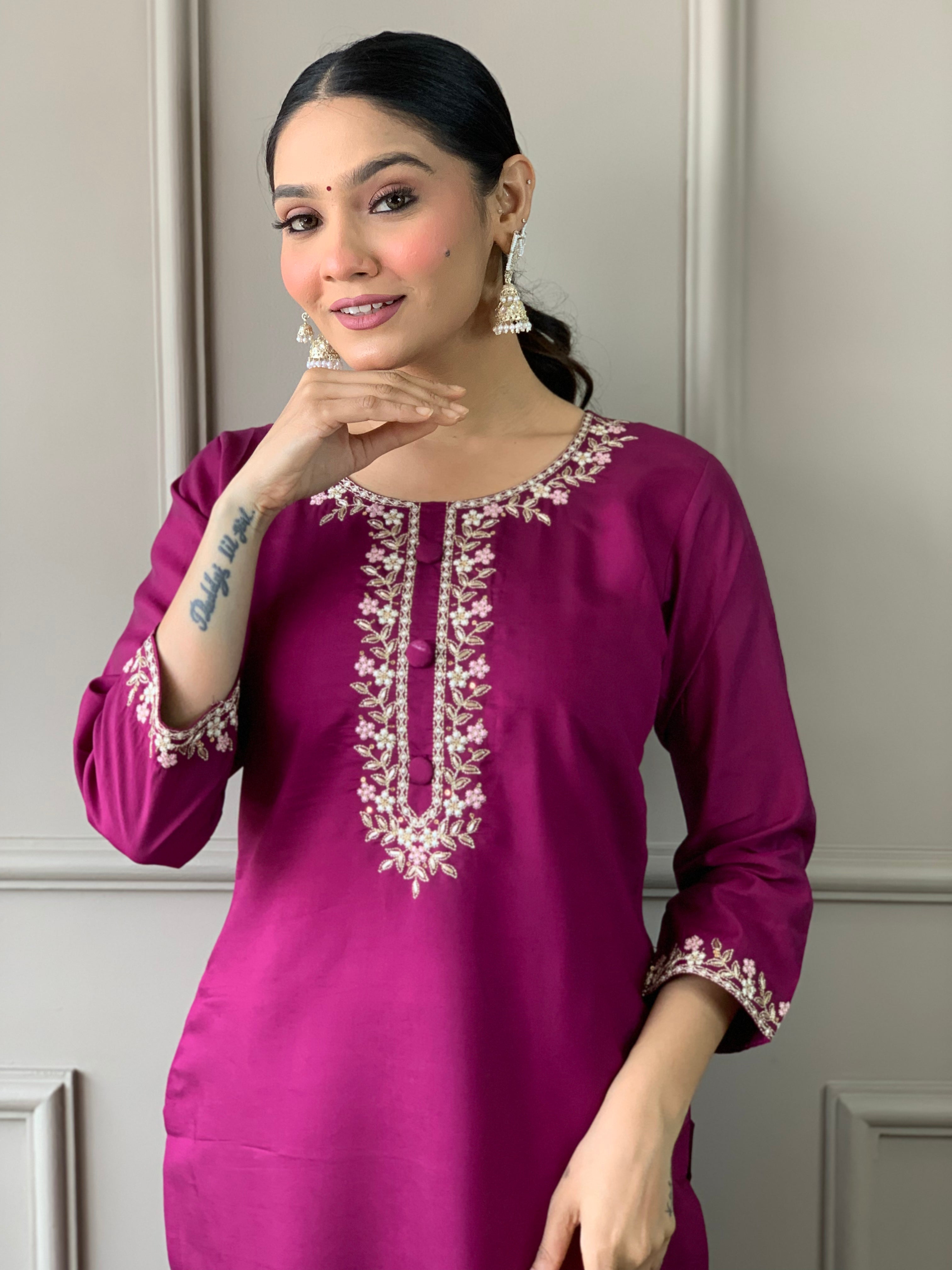 Wine Viscose Chanderi Kurti Set with Embroidered Neckline