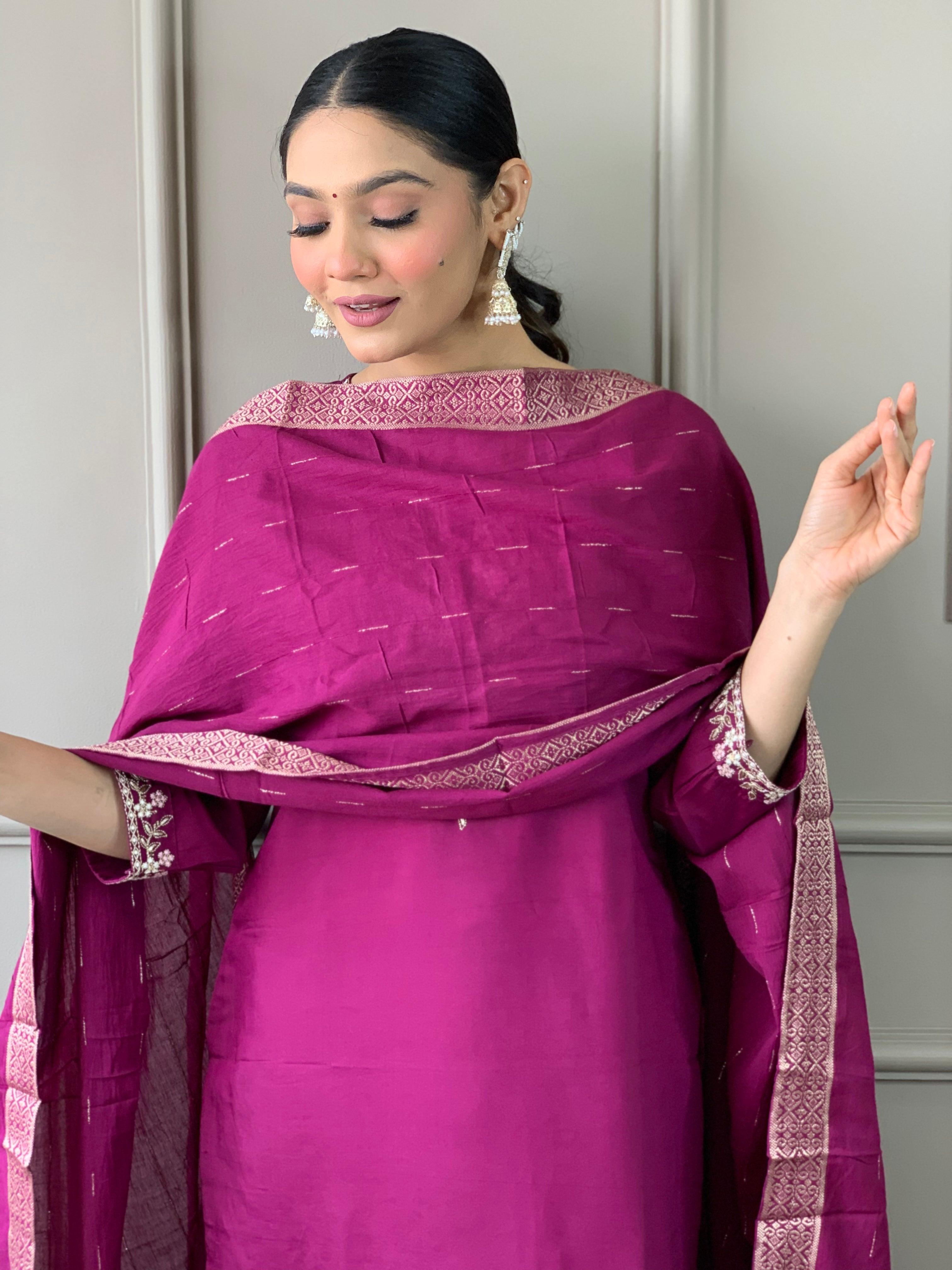 Wine Viscose Chanderi Kurti Set with Embroidered Neckline