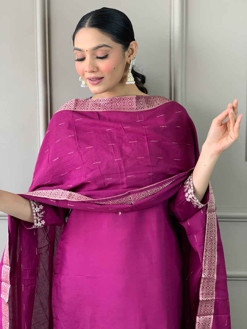 Wine Viscose Chanderi Kurti Set with Embroidered Neckline