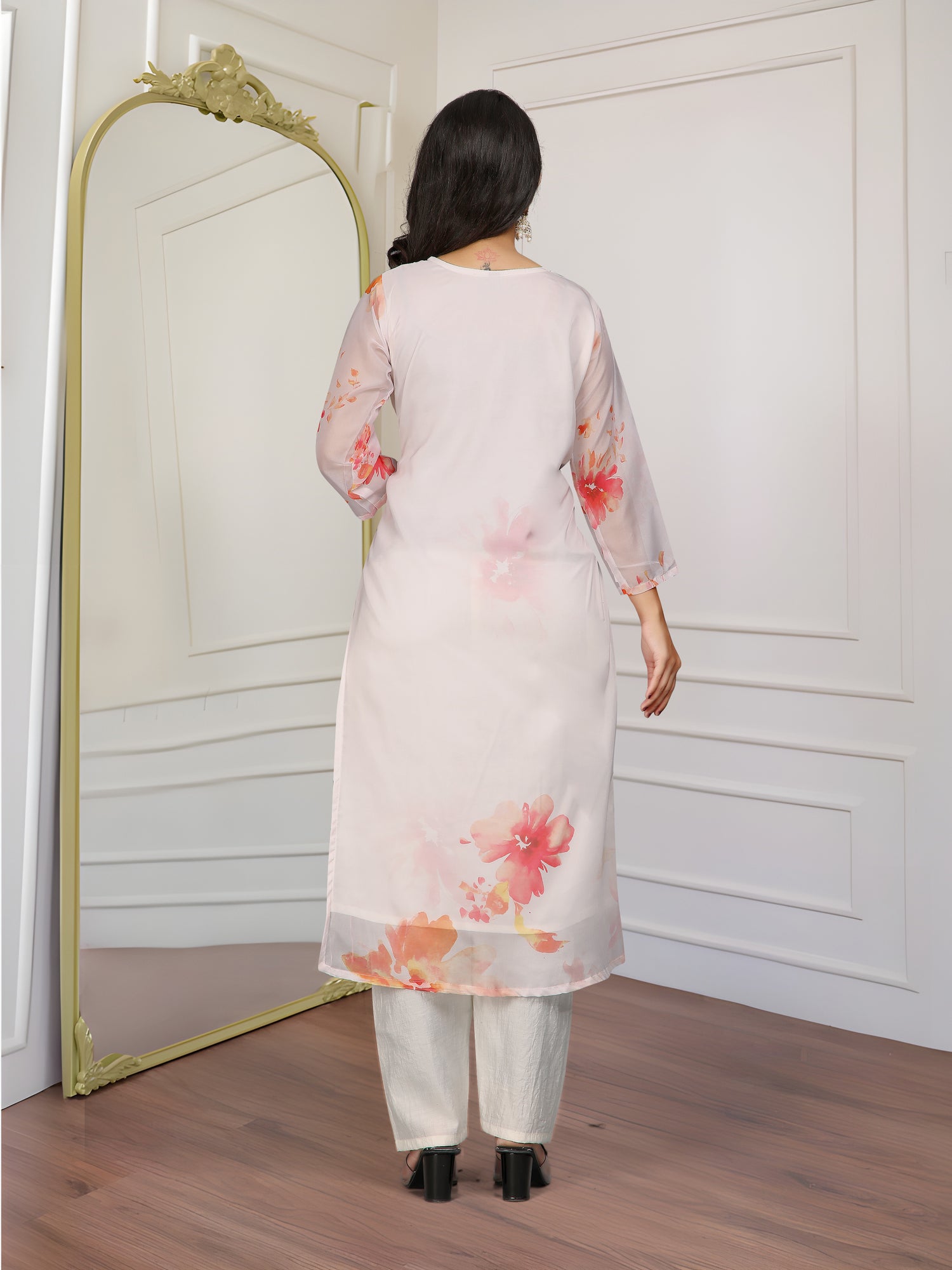 White Floral Organza Kurti Set with Embroidered Neckline