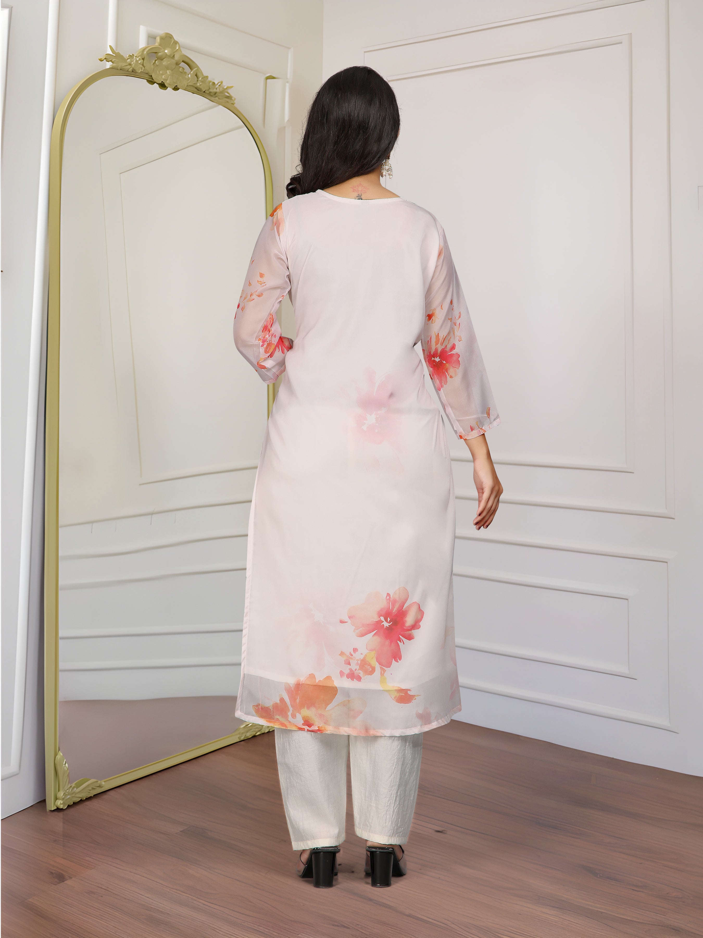 White Floral Organza Kurti Set with Embroidered Neckline