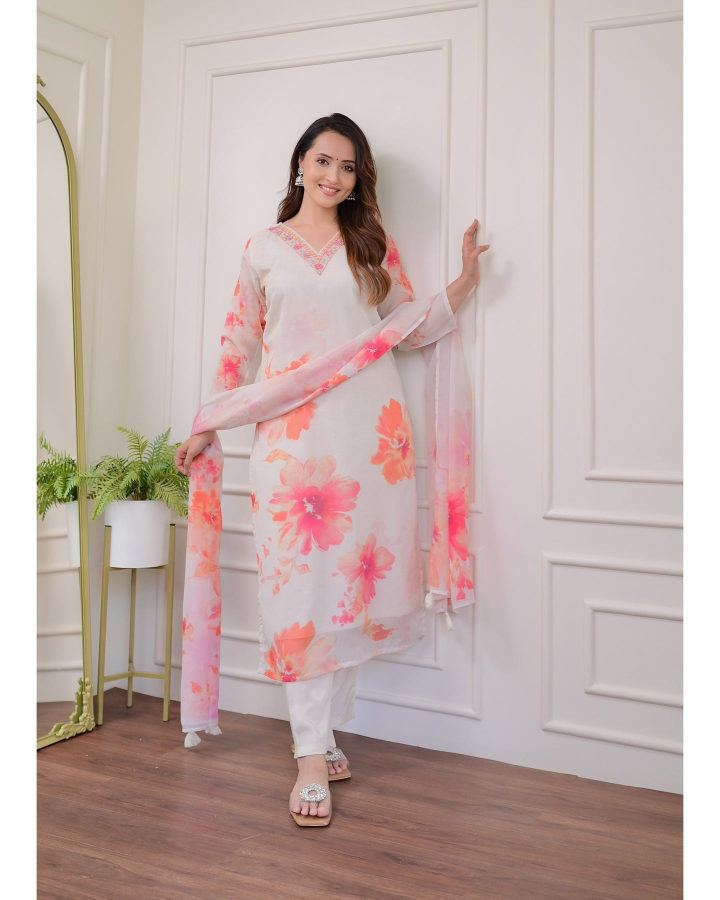 White Floral Organza Kurti Set with Embroidered Neckline