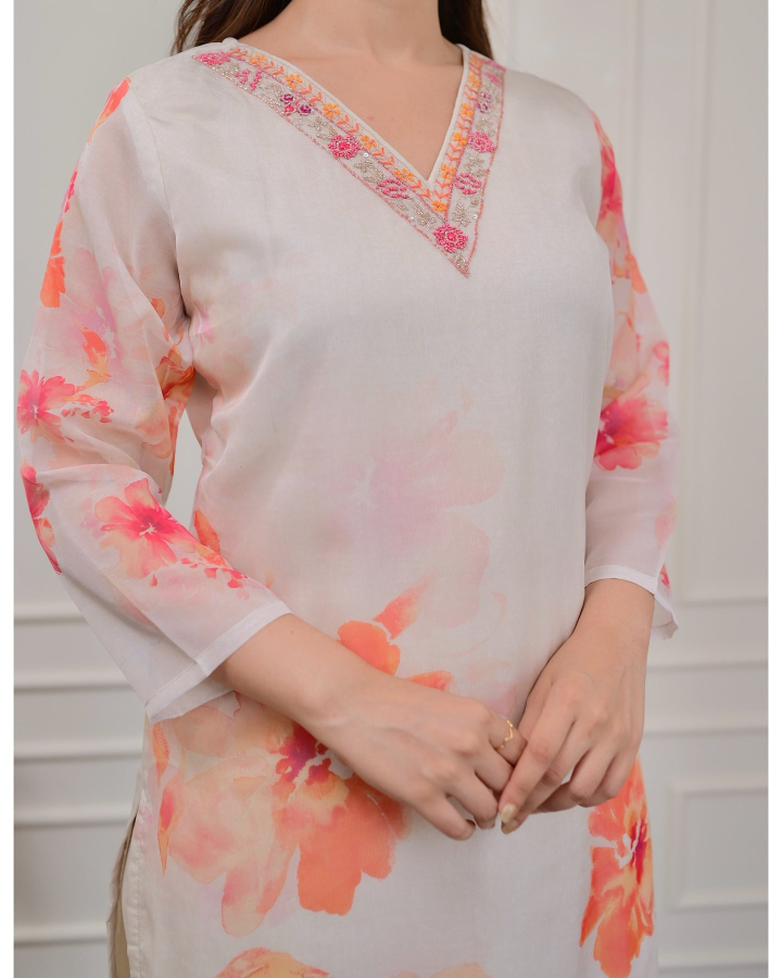 White Floral Organza Kurti Set with Embroidered Neckline