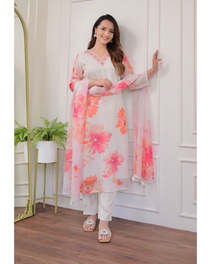 White Floral Organza Kurti Set with Embroidered Neckline