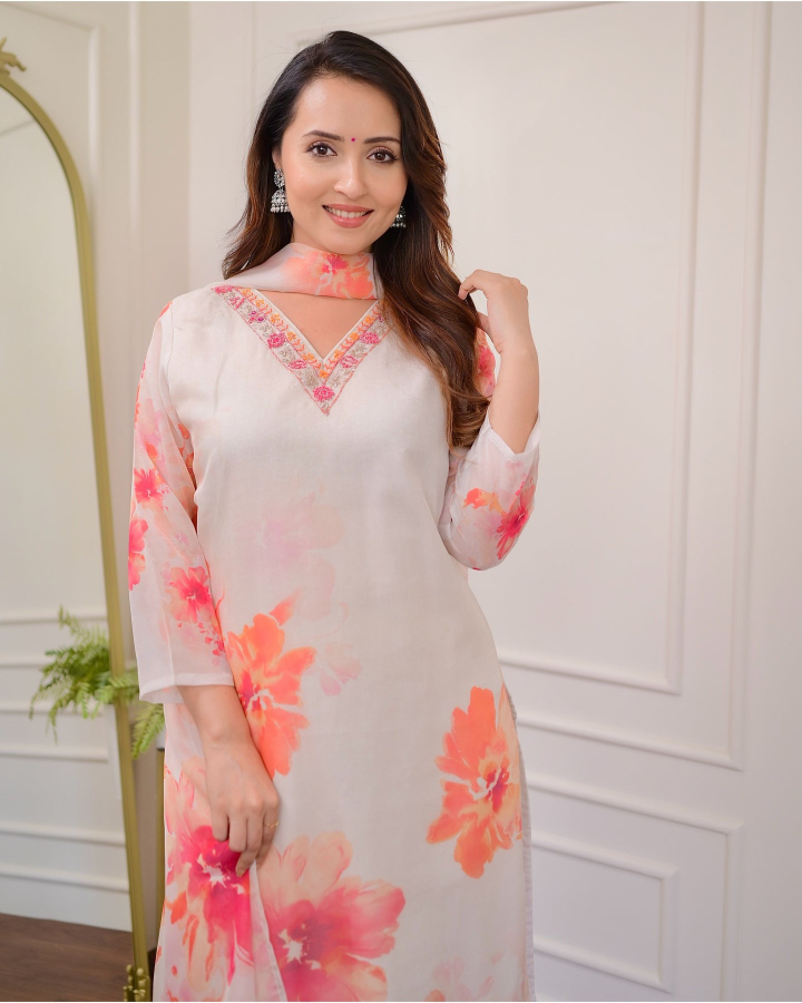 White Floral Organza Kurti Set with Embroidered Neckline