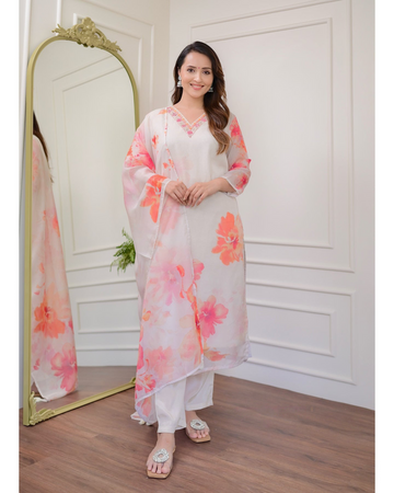 White Floral Organza Kurti Set with Embroidered Neckline