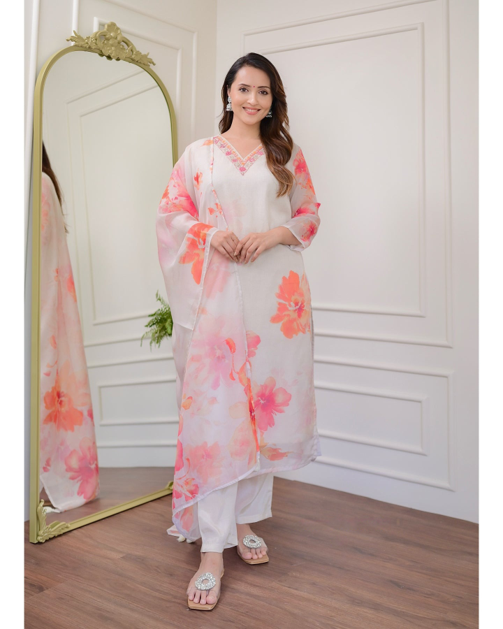 White Floral Organza Kurti Set with Embroidered Neckline