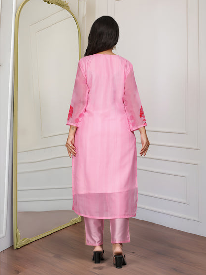 Pink Floral Organza Kurti Set with Embroidered Neckline