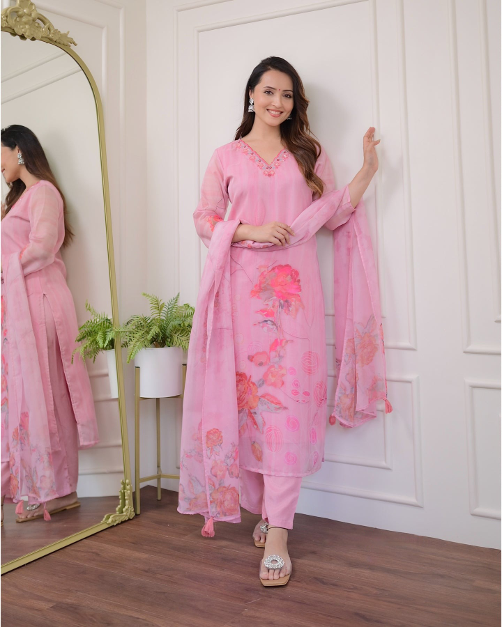 Pink Floral Organza Kurti Set with Embroidered Neckline