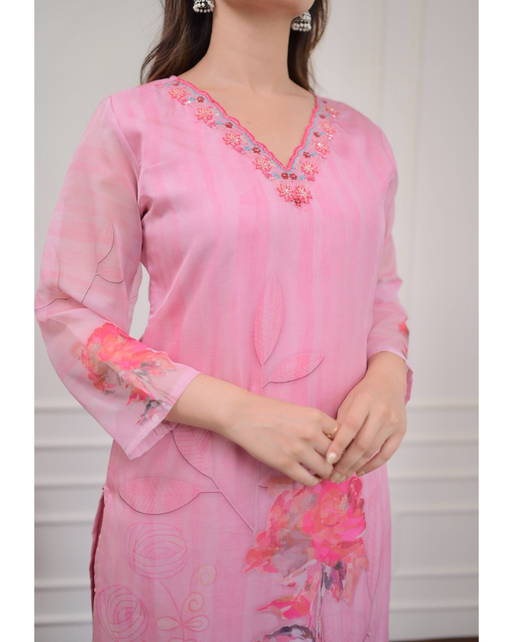 Pink Floral Organza Kurti Set with Embroidered Neckline