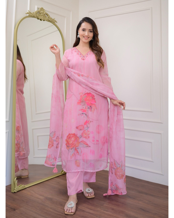 Pink Floral Organza Kurti Set with Embroidered Neckline