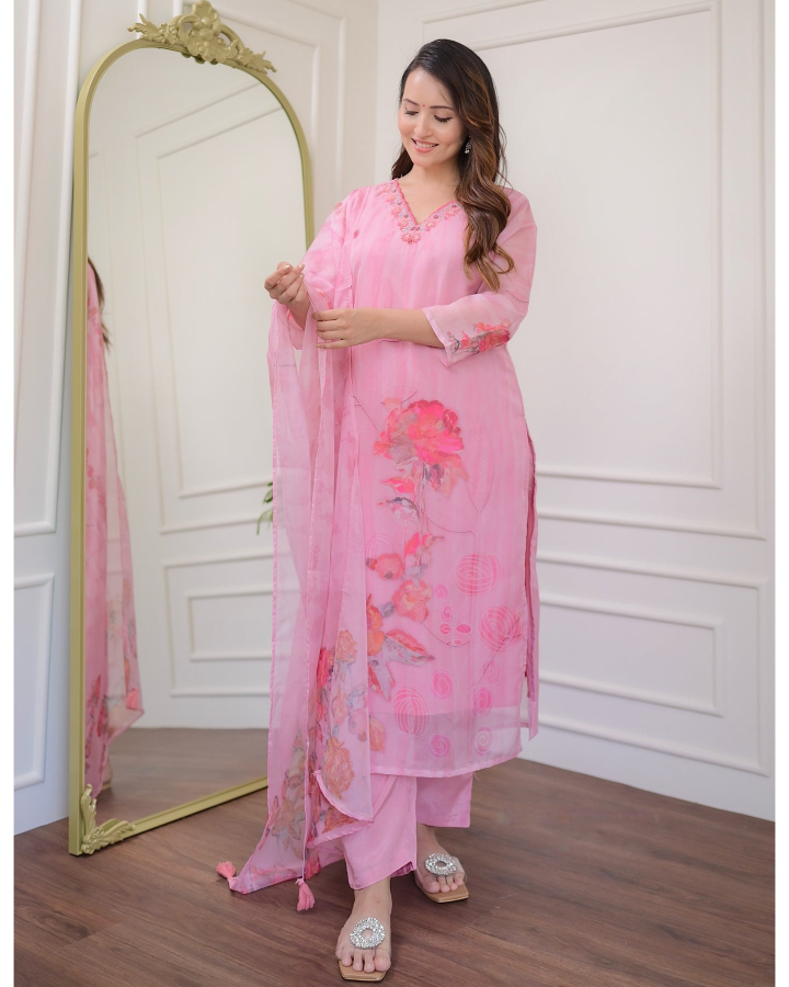 Pink Floral Organza Kurti Set with Embroidered Neckline
