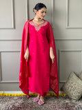 Red Viscose Chanderi Kurti Set with Jacquard Dupatta