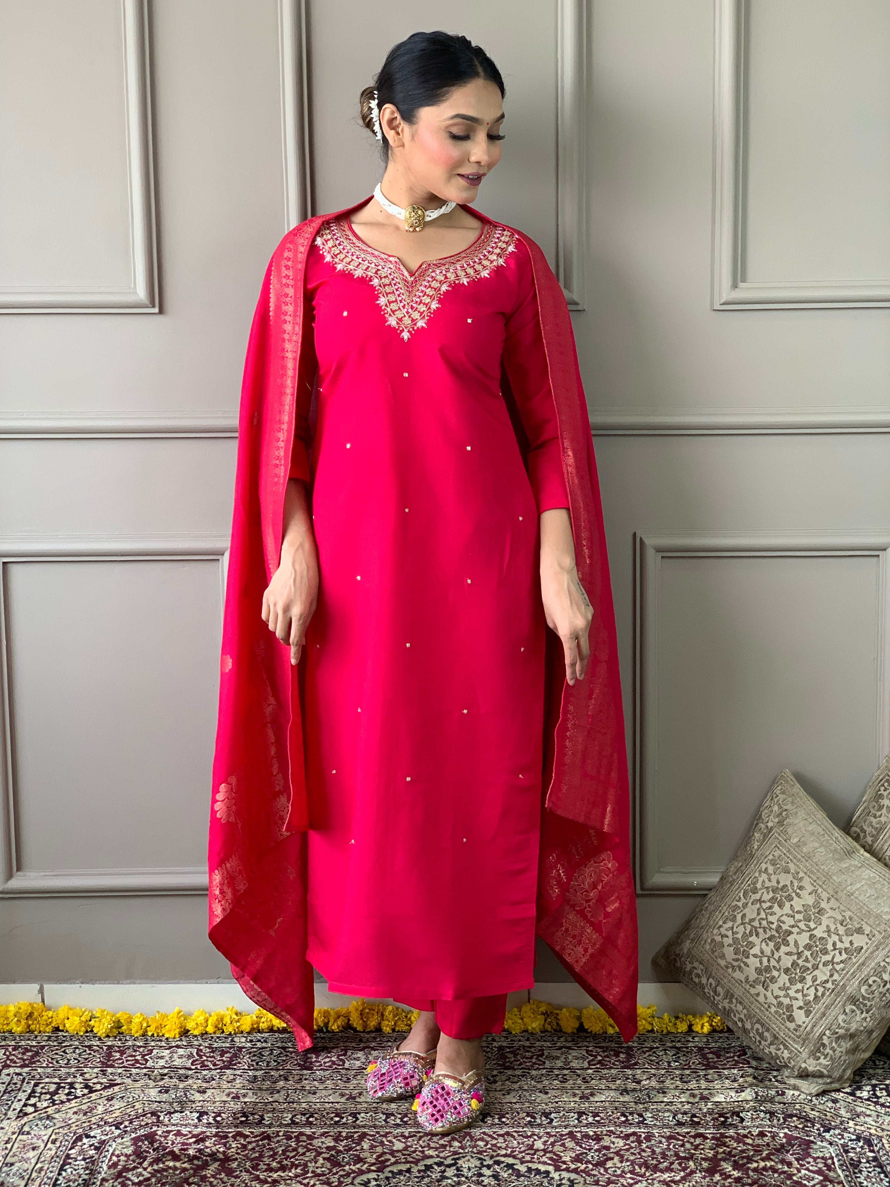Red Viscose Chanderi Kurti Set with Jacquard Dupatta