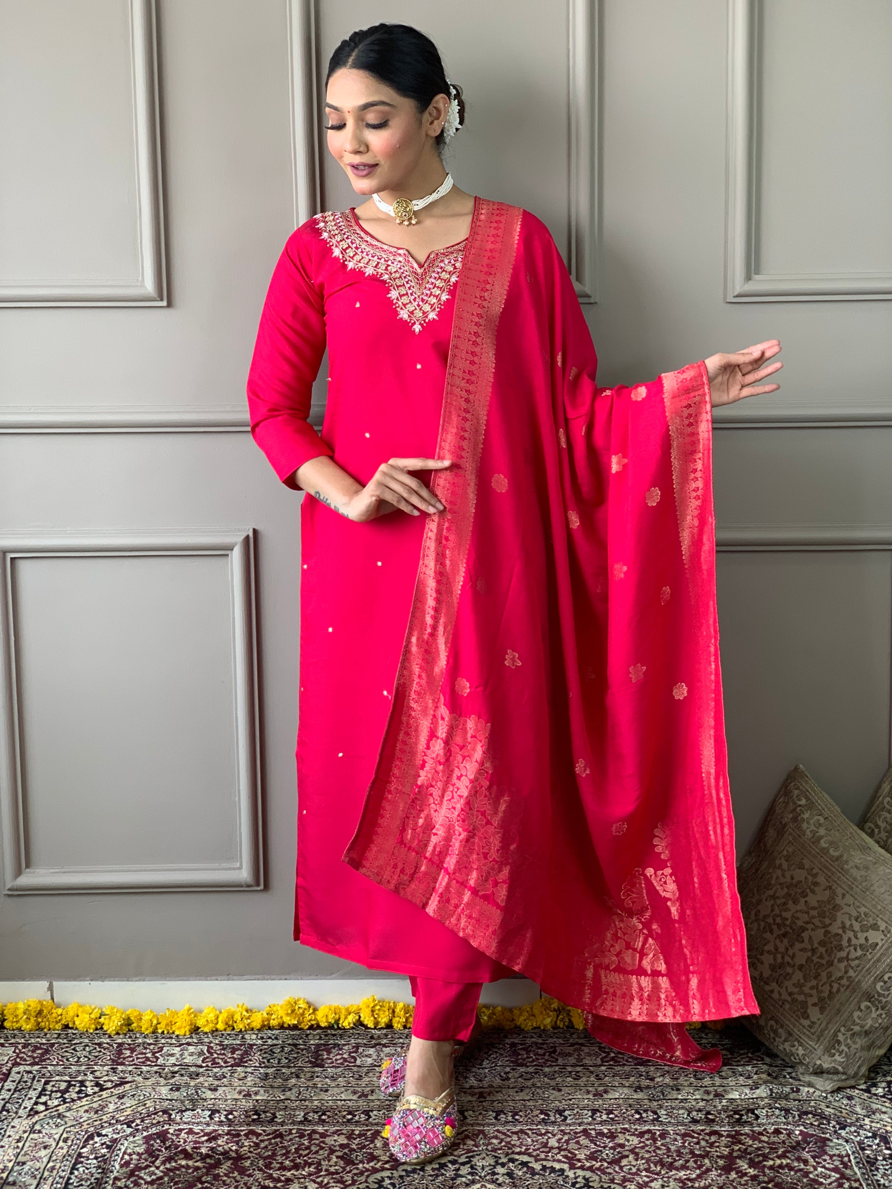 Red Viscose Chanderi Kurti Set with Jacquard Dupatta