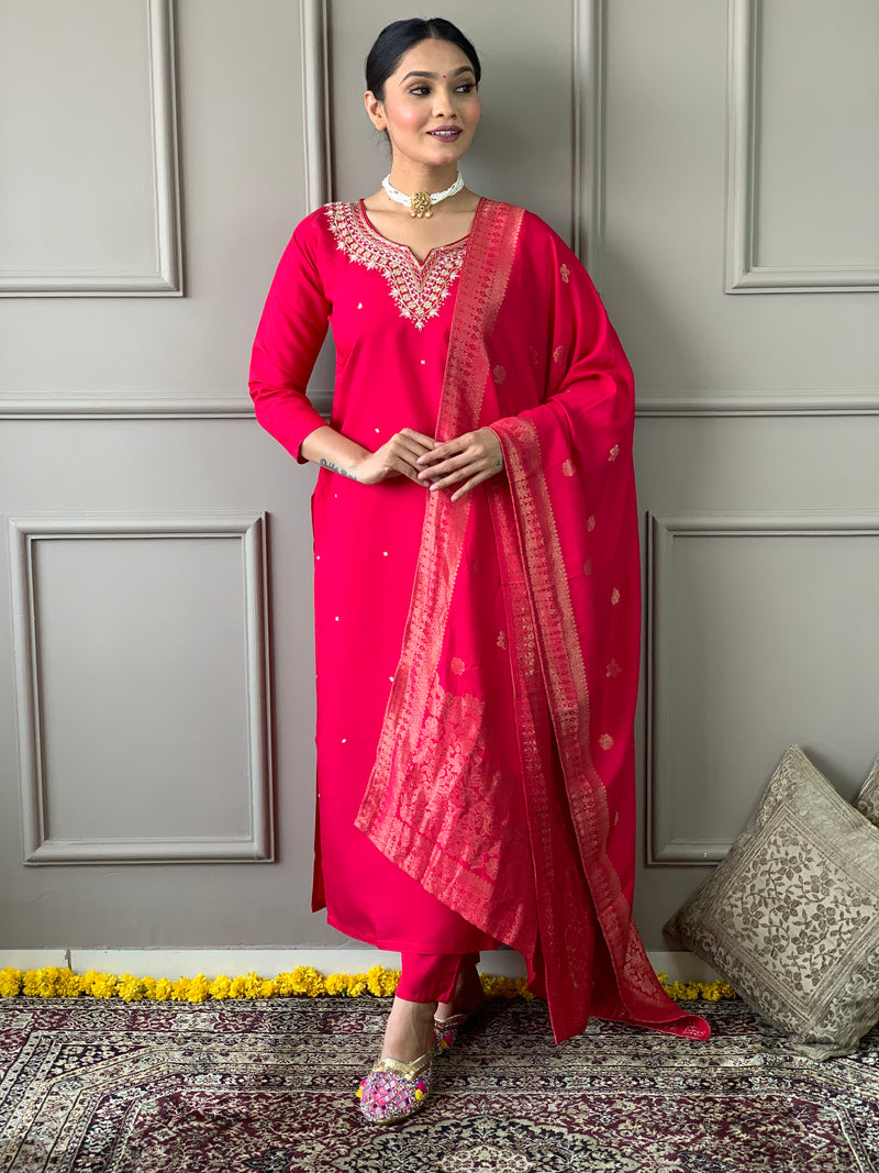 Red Viscose Chanderi Kurti Set with Jacquard Dupatta