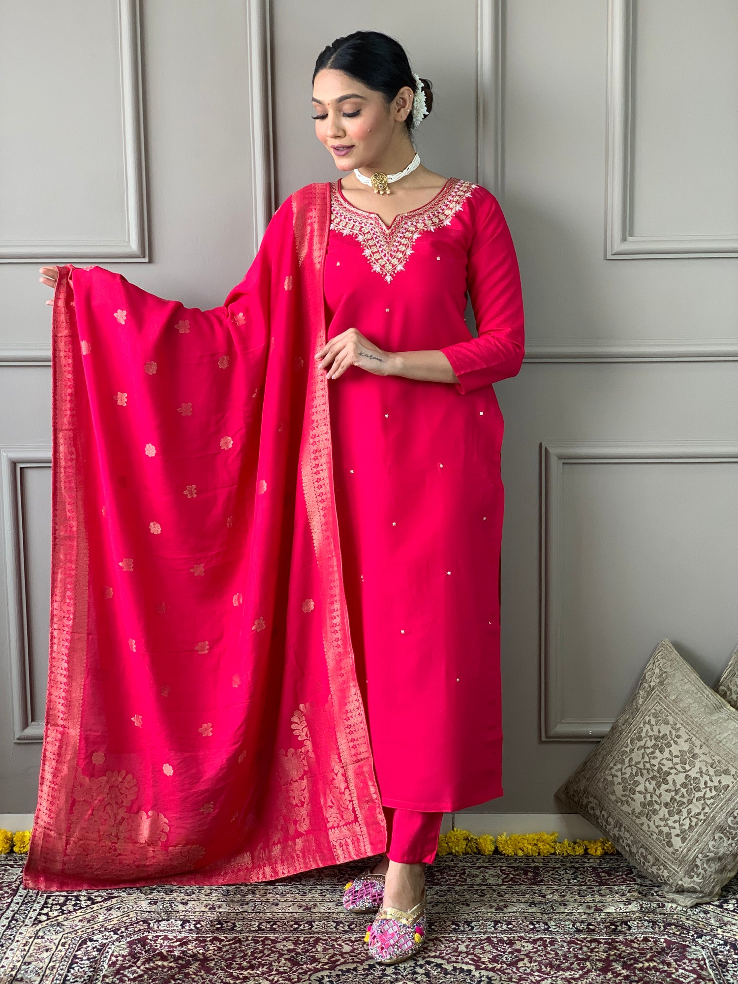 Red Viscose Chanderi Kurti Set with Jacquard Dupatta