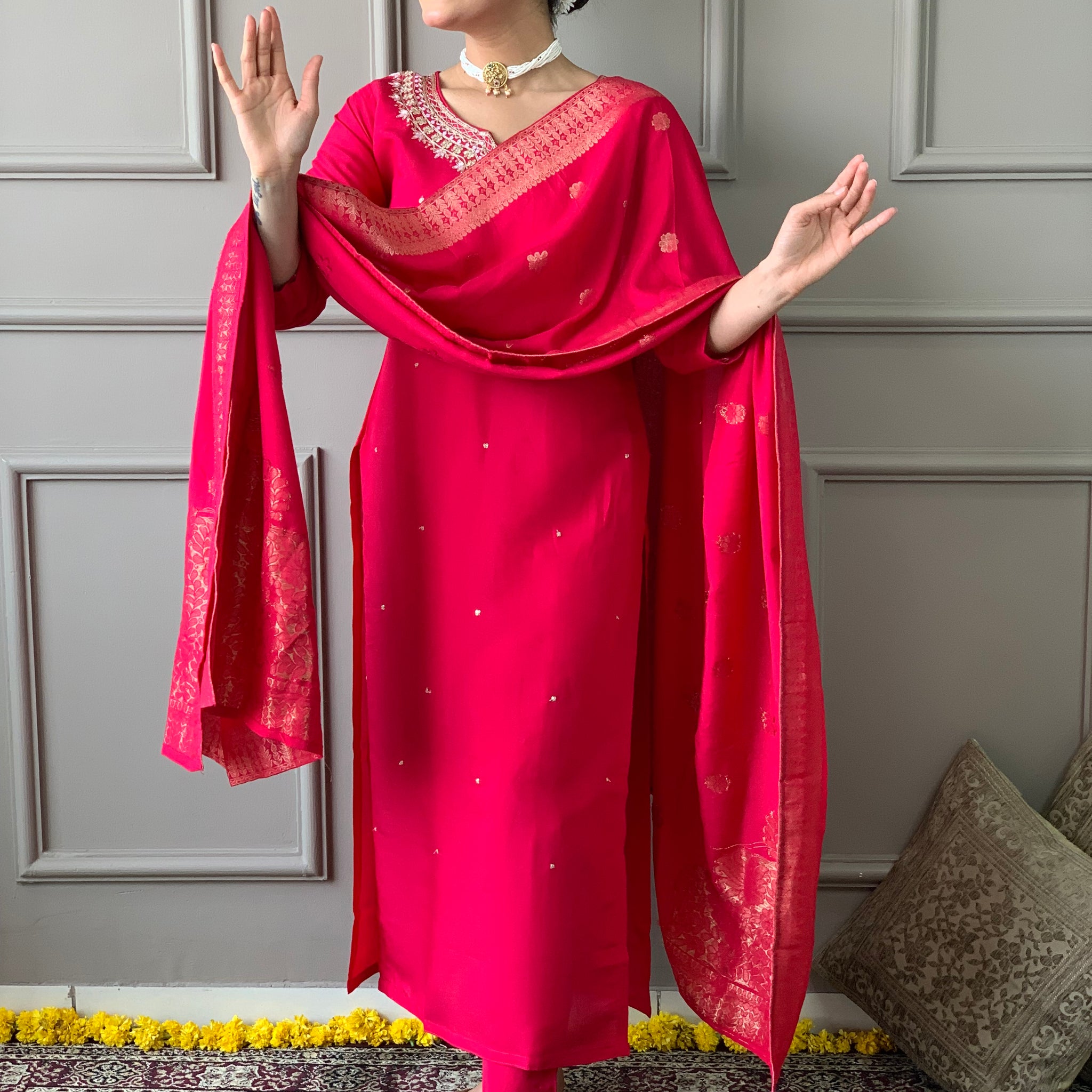 Red Viscose Chanderi Kurti Set with Jacquard Dupatta