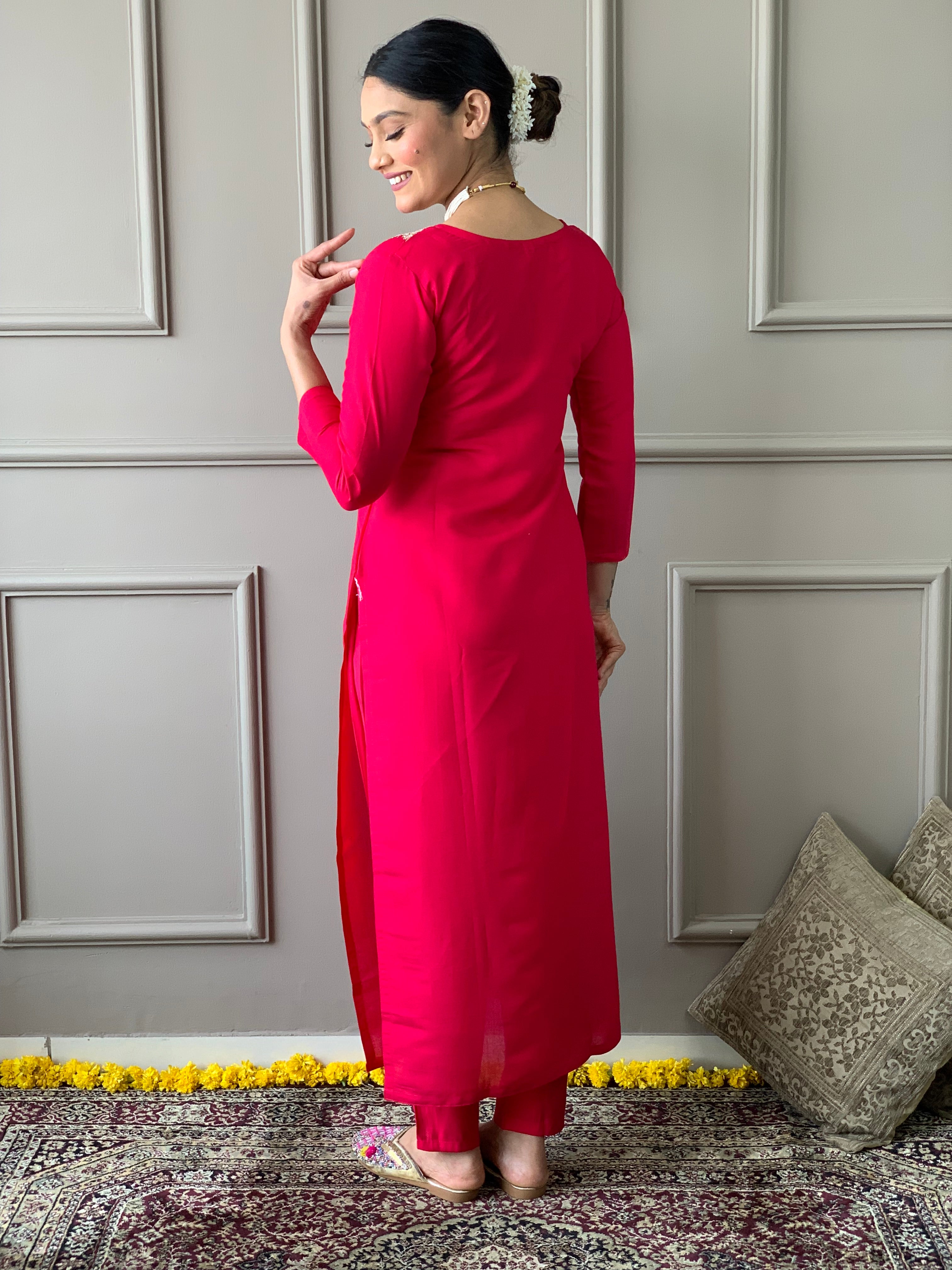 Red Viscose Chanderi Kurti Set with Jacquard Dupatta