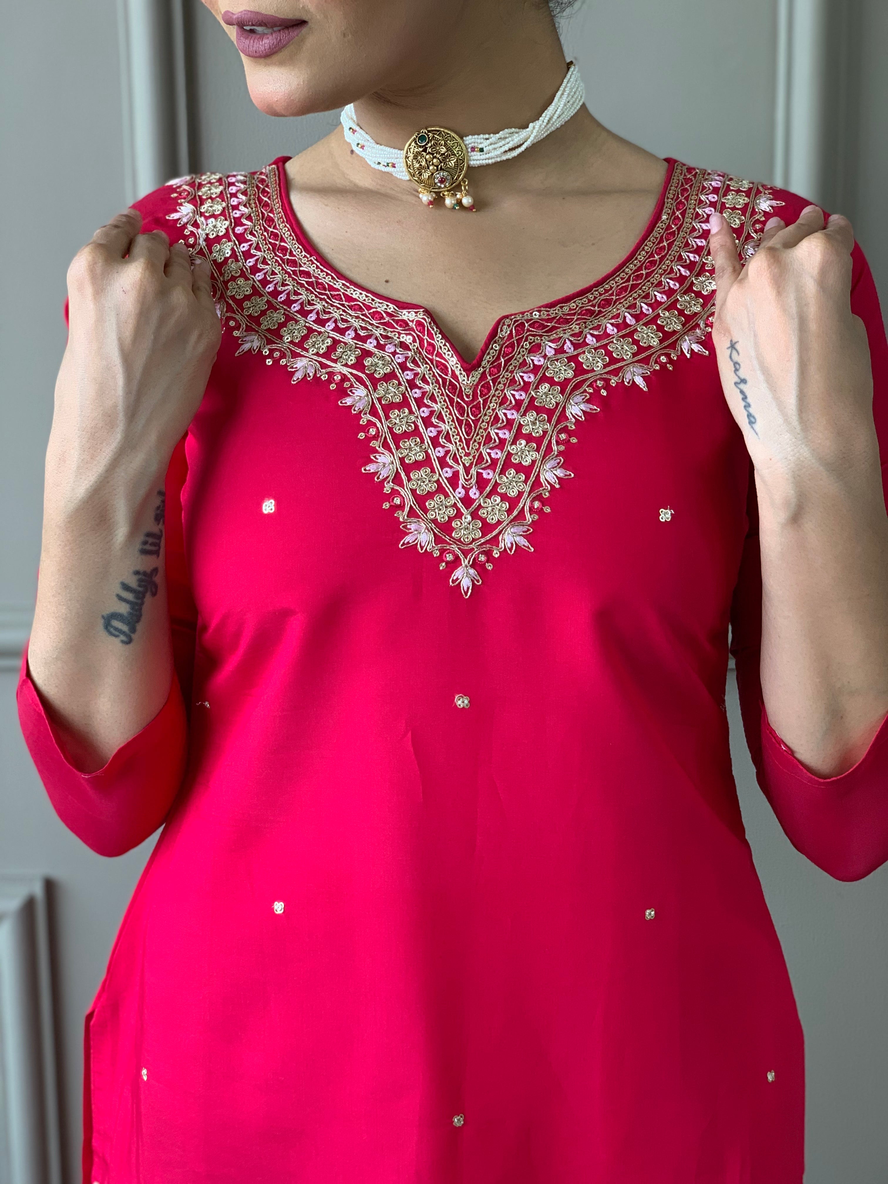 Red Viscose Chanderi Kurti Set with Jacquard Dupatta