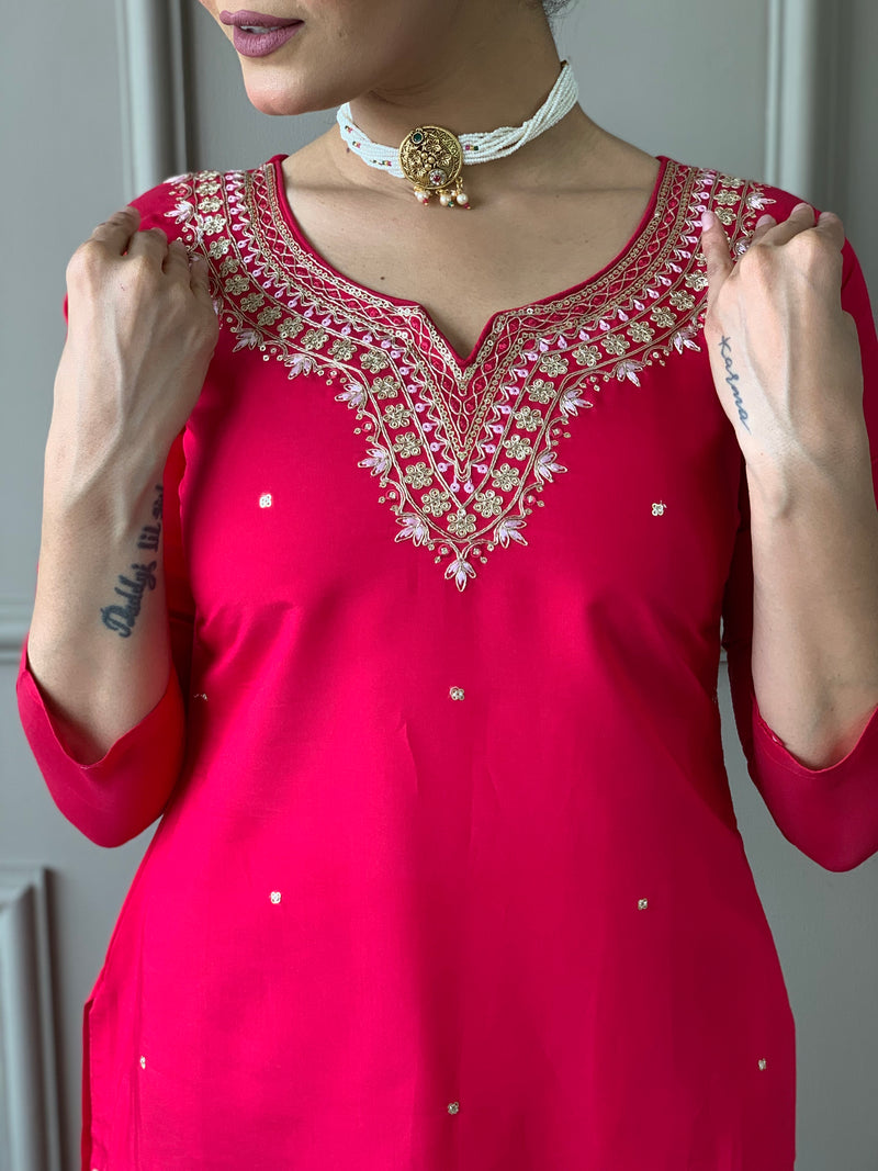 Red Viscose Chanderi Kurti Set with Jacquard Dupatta