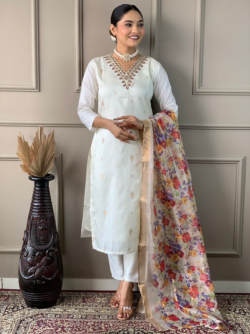 Off-White Viscose Nylon Kurti Set with Floral Jacquard Dupatta