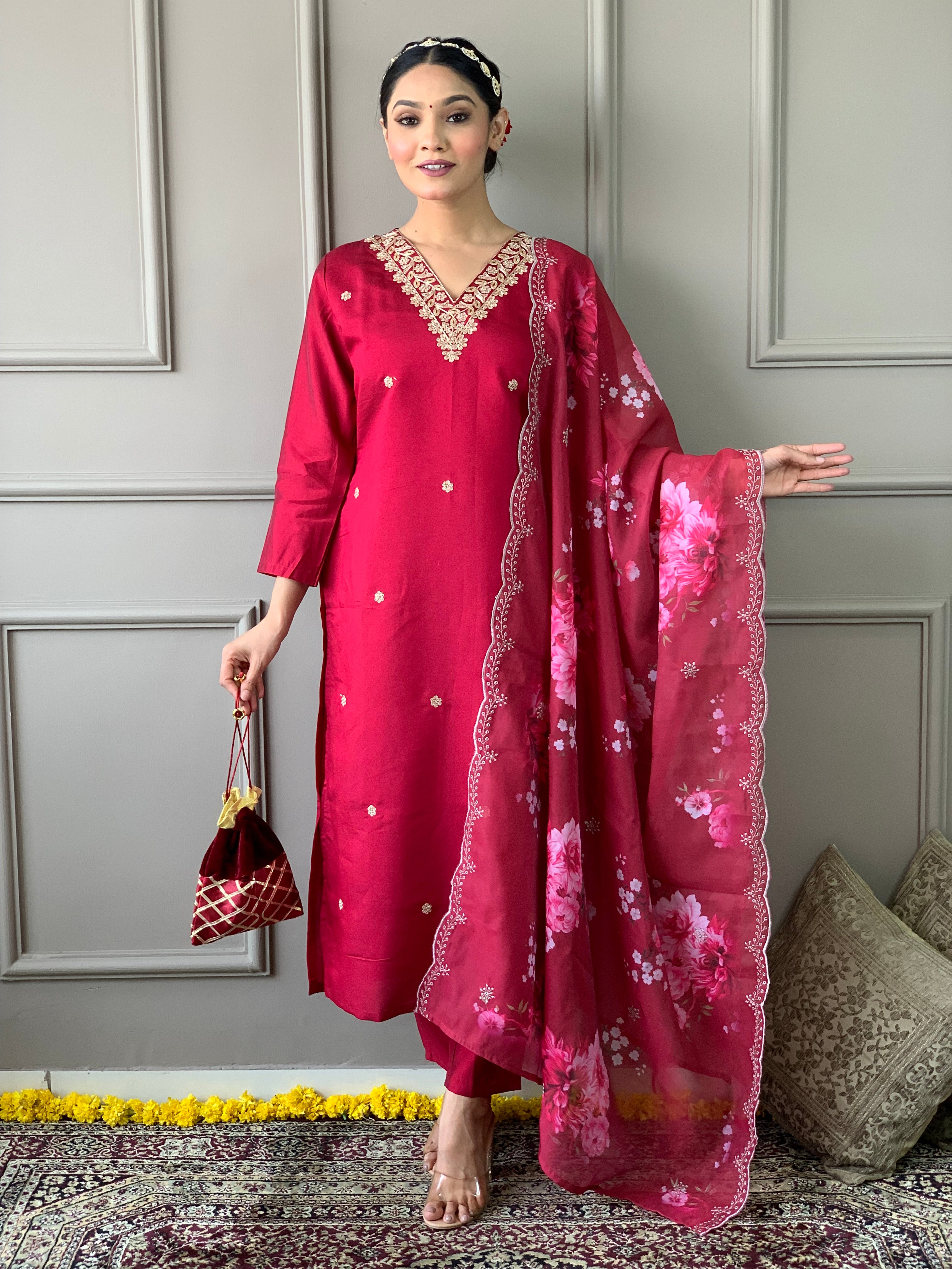 Red Viscose Chanderi Kurti Set with Floral Nylon Tebby Dupatta