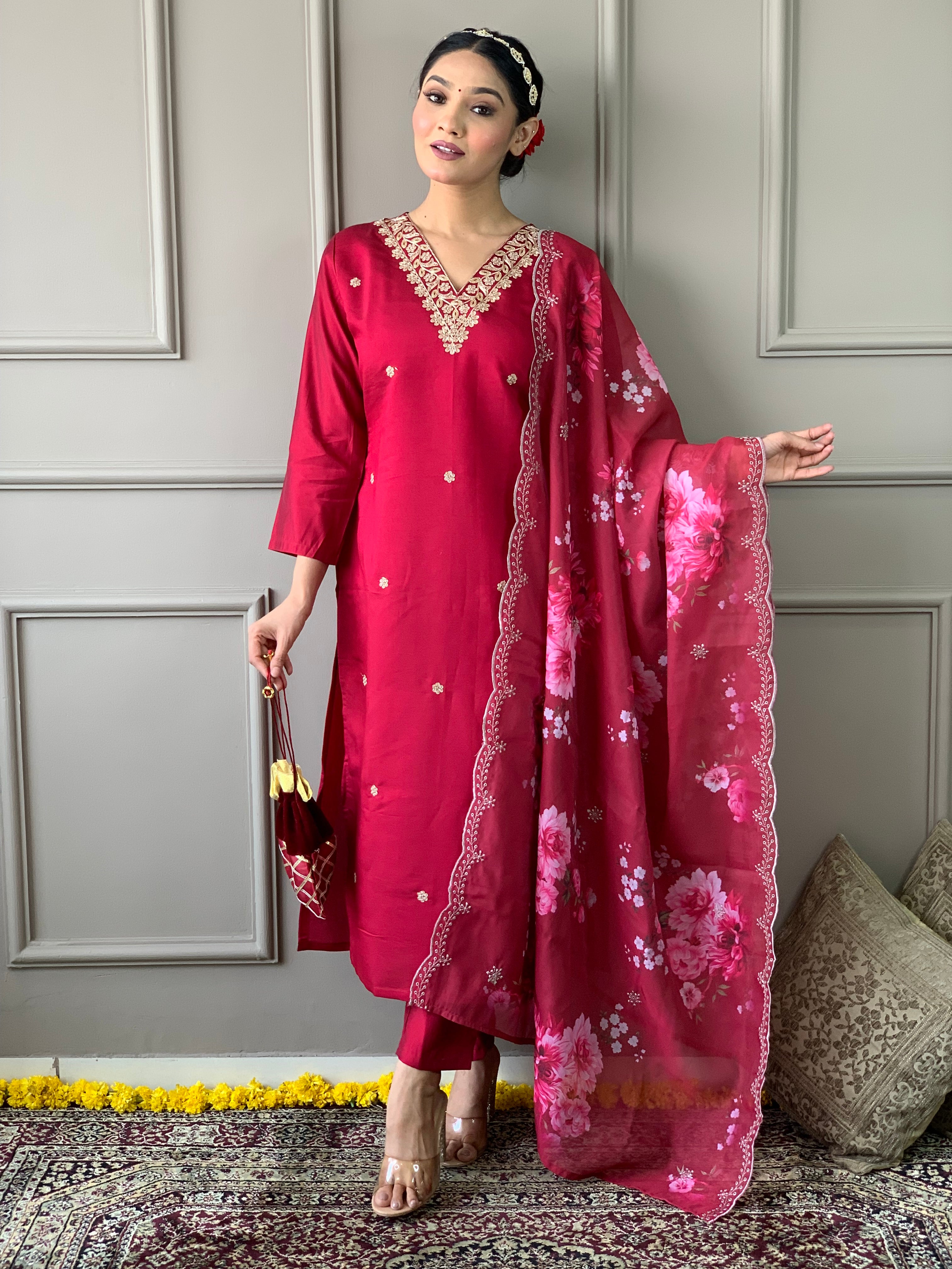 Red Viscose Chanderi Kurti Set with Floral Nylon Tebby Dupatta