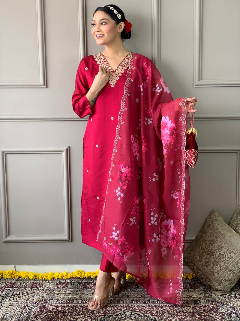 Red Viscose Chanderi Kurti Set with Floral Nylon Tebby Dupatta