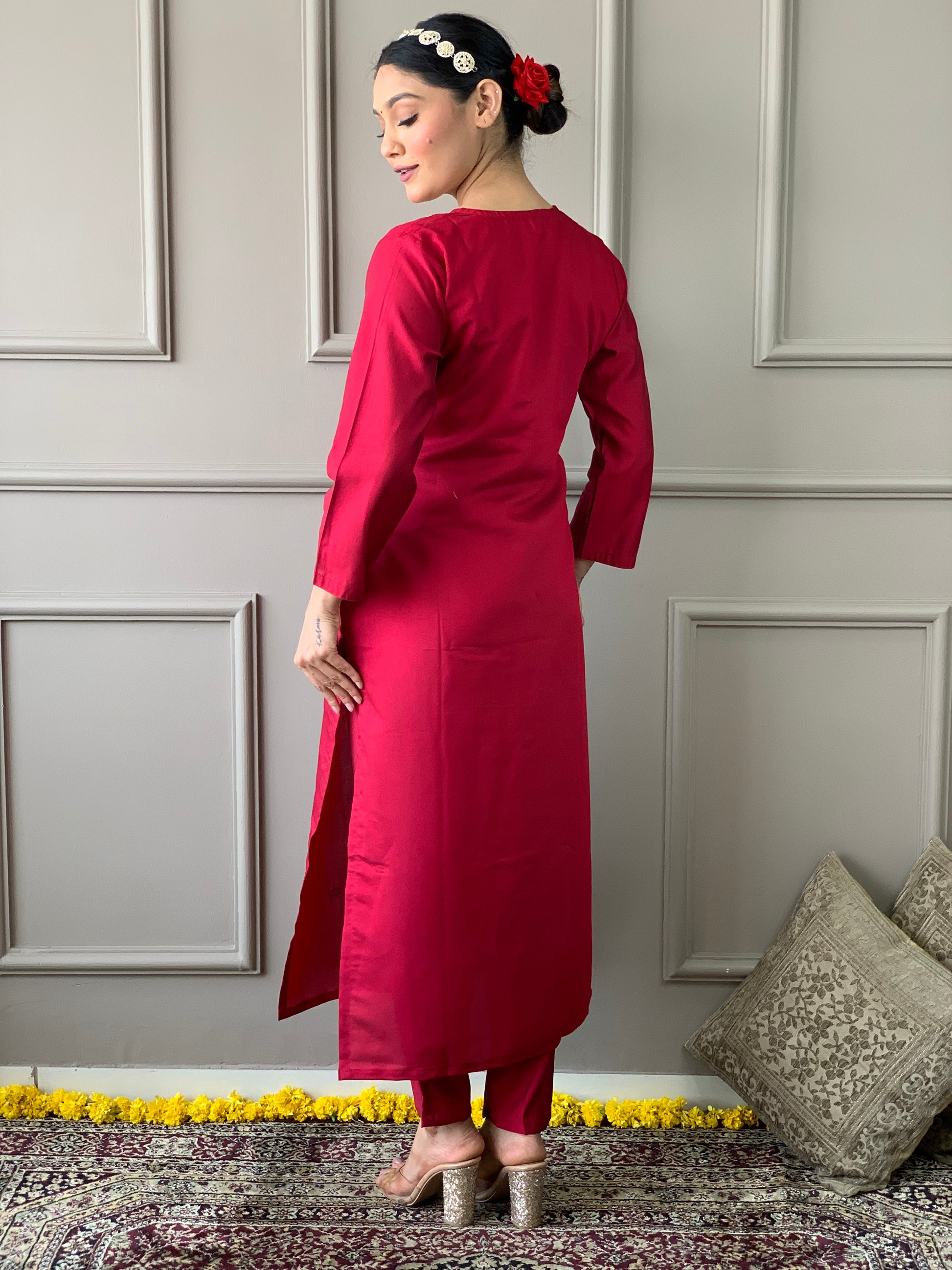Red Viscose Chanderi Kurti Set with Floral Nylon Tebby Dupatta
