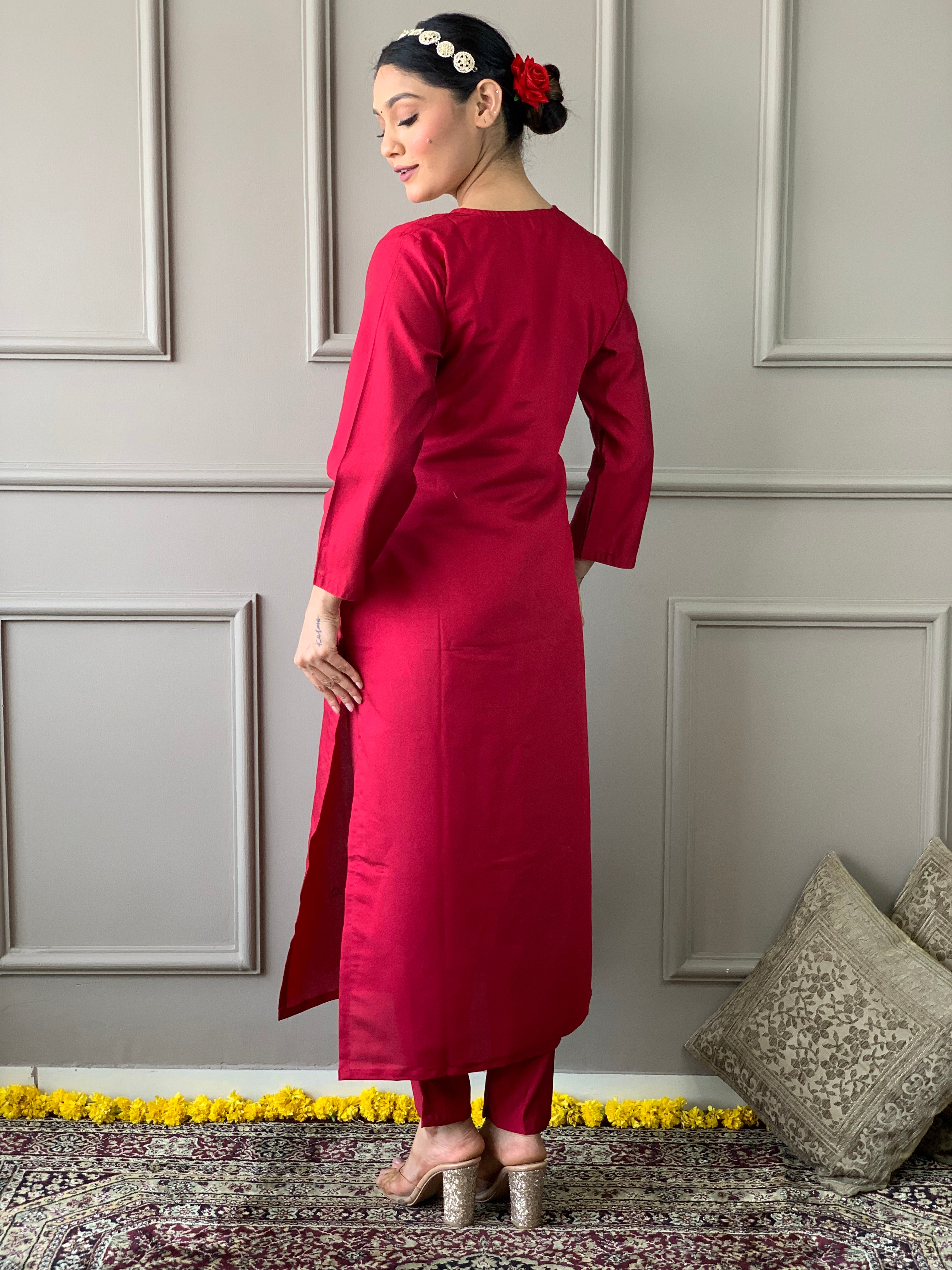 Red Viscose Chanderi Kurti Set with Floral Nylon Tebby Dupatta