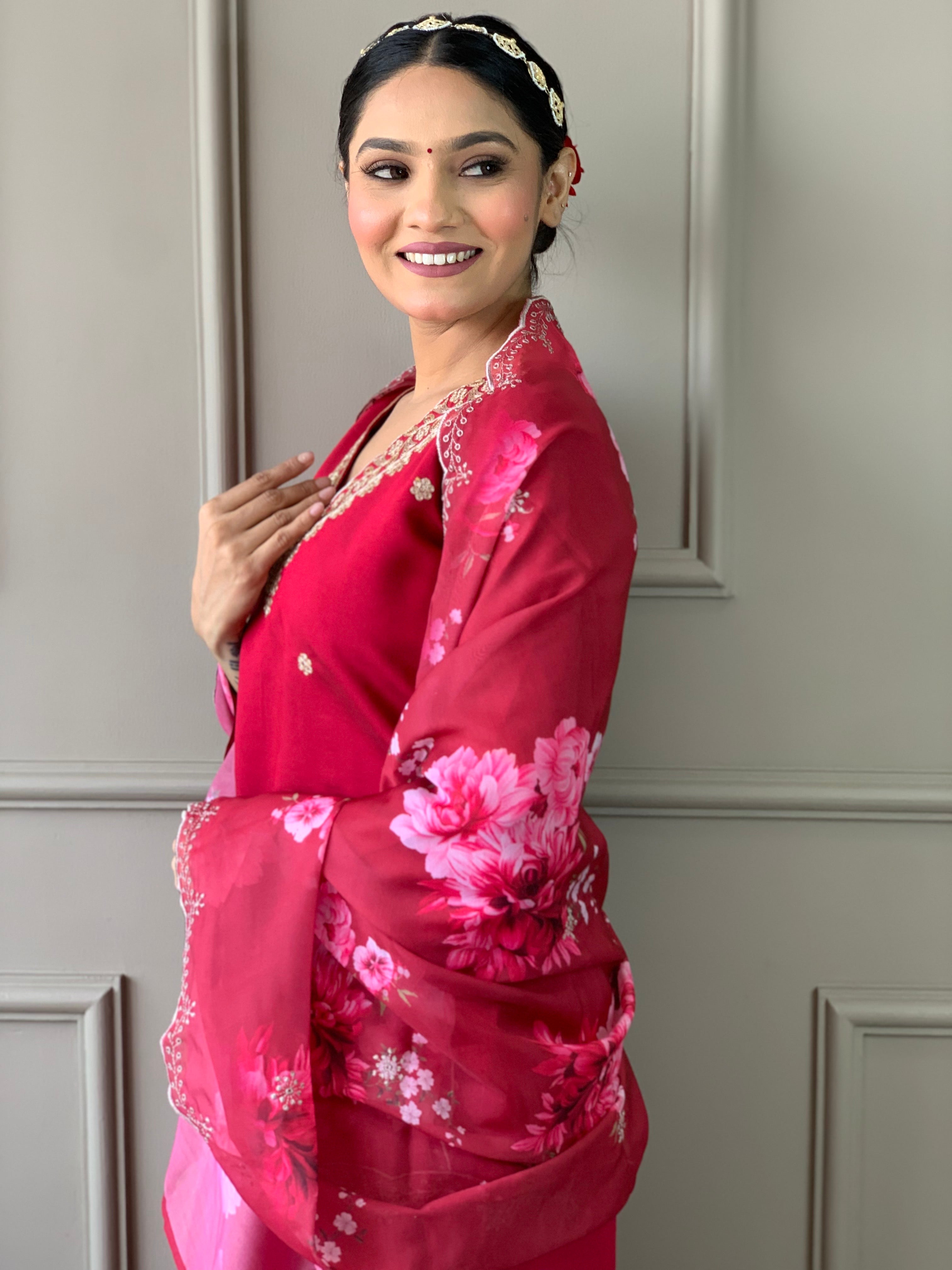 Red Viscose Chanderi Kurti Set with Floral Nylon Tebby Dupatta