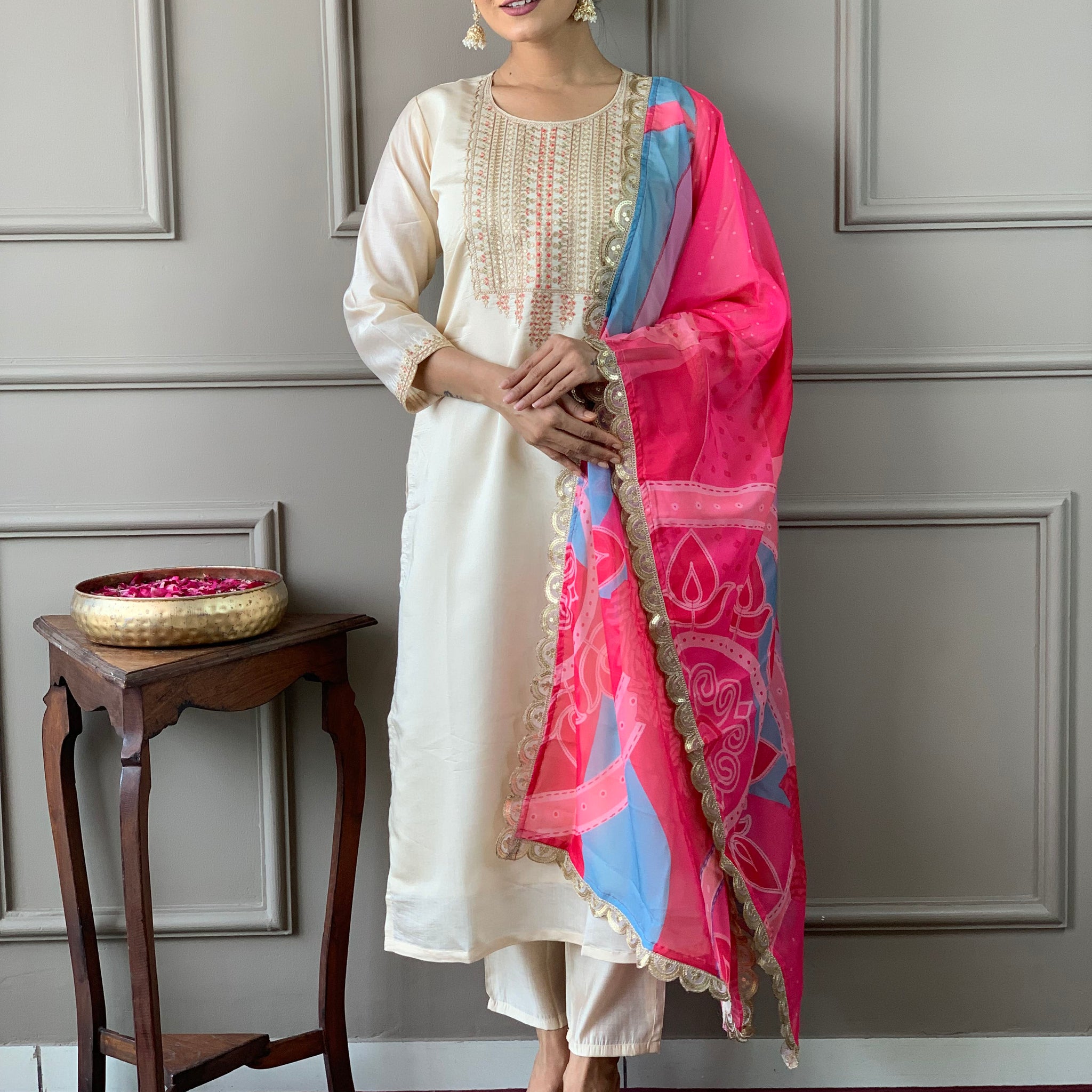 Cream Viscose Chanderi Kurti Set with Tebby Dupatta