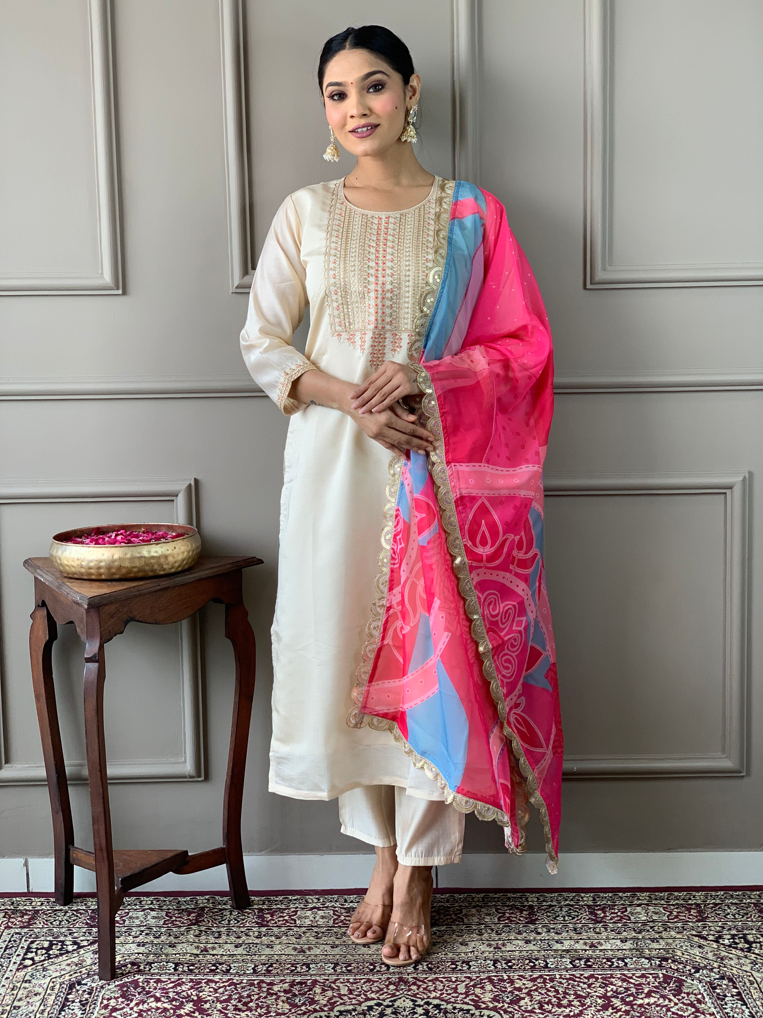 Cream Viscose Chanderi Kurti Set with Tebby Dupatta