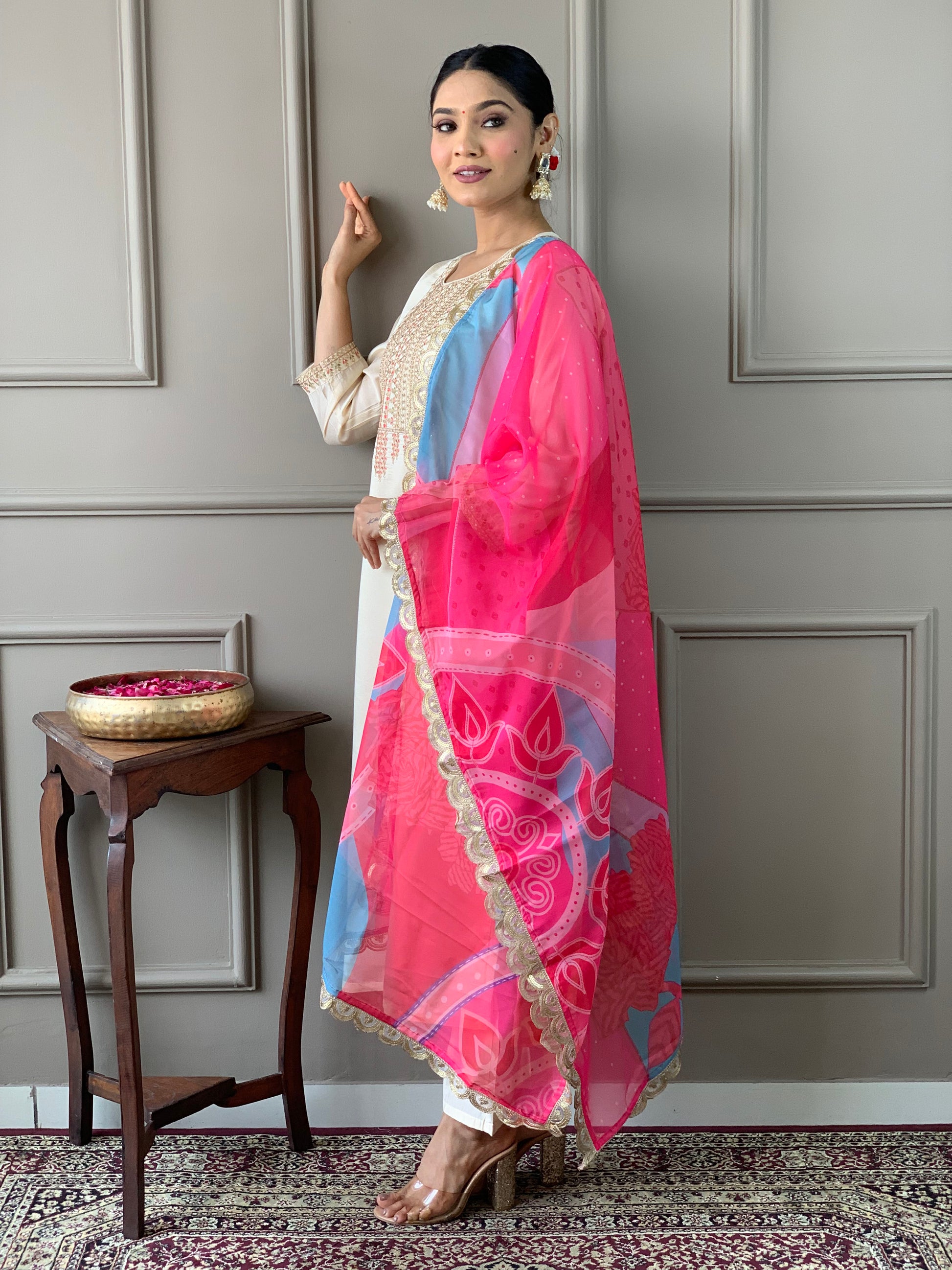 Cream Viscose Chanderi Kurti Set with Tebby Dupatta