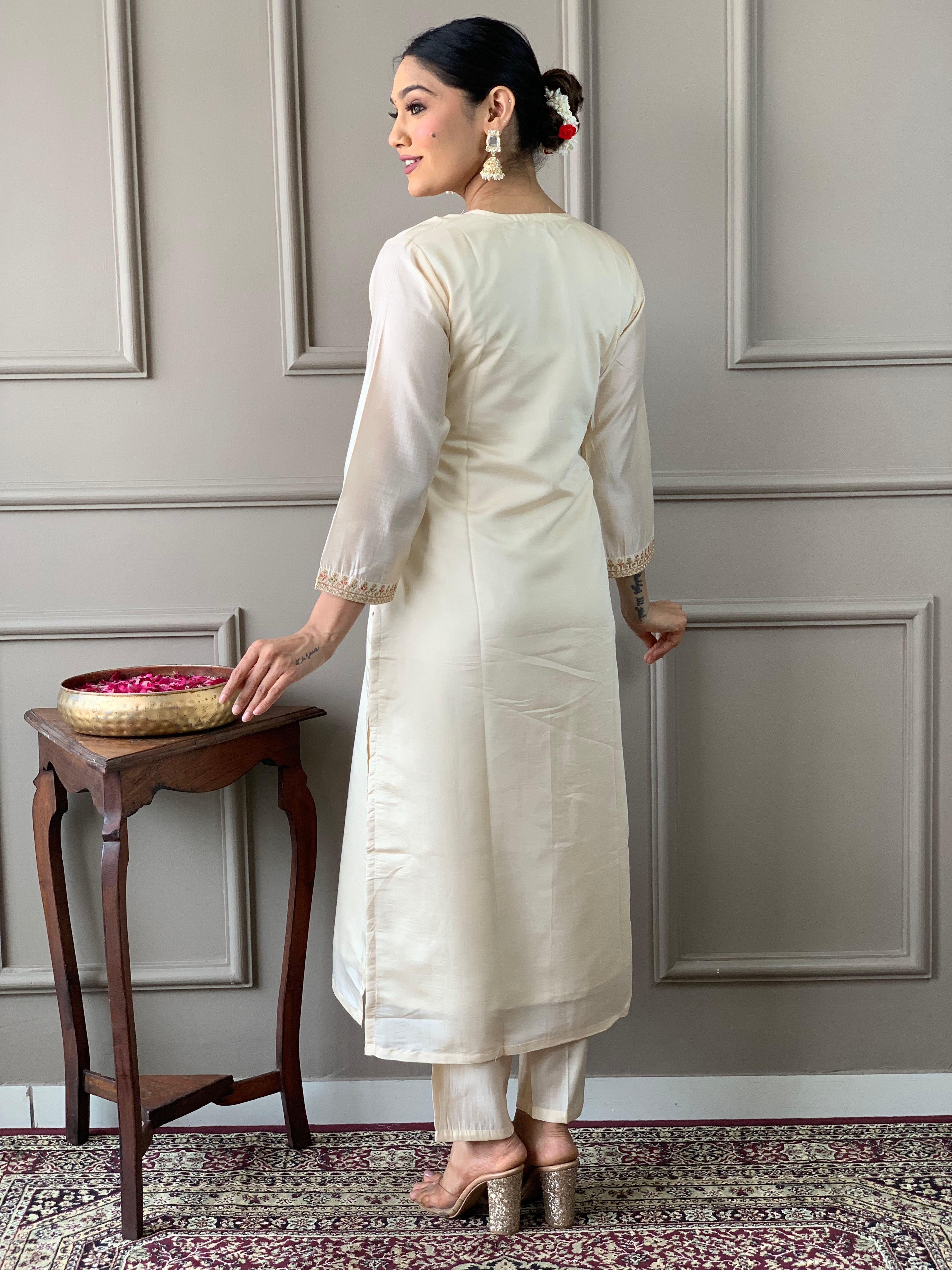 Cream Viscose Chanderi Kurti Set with Tebby Dupatta