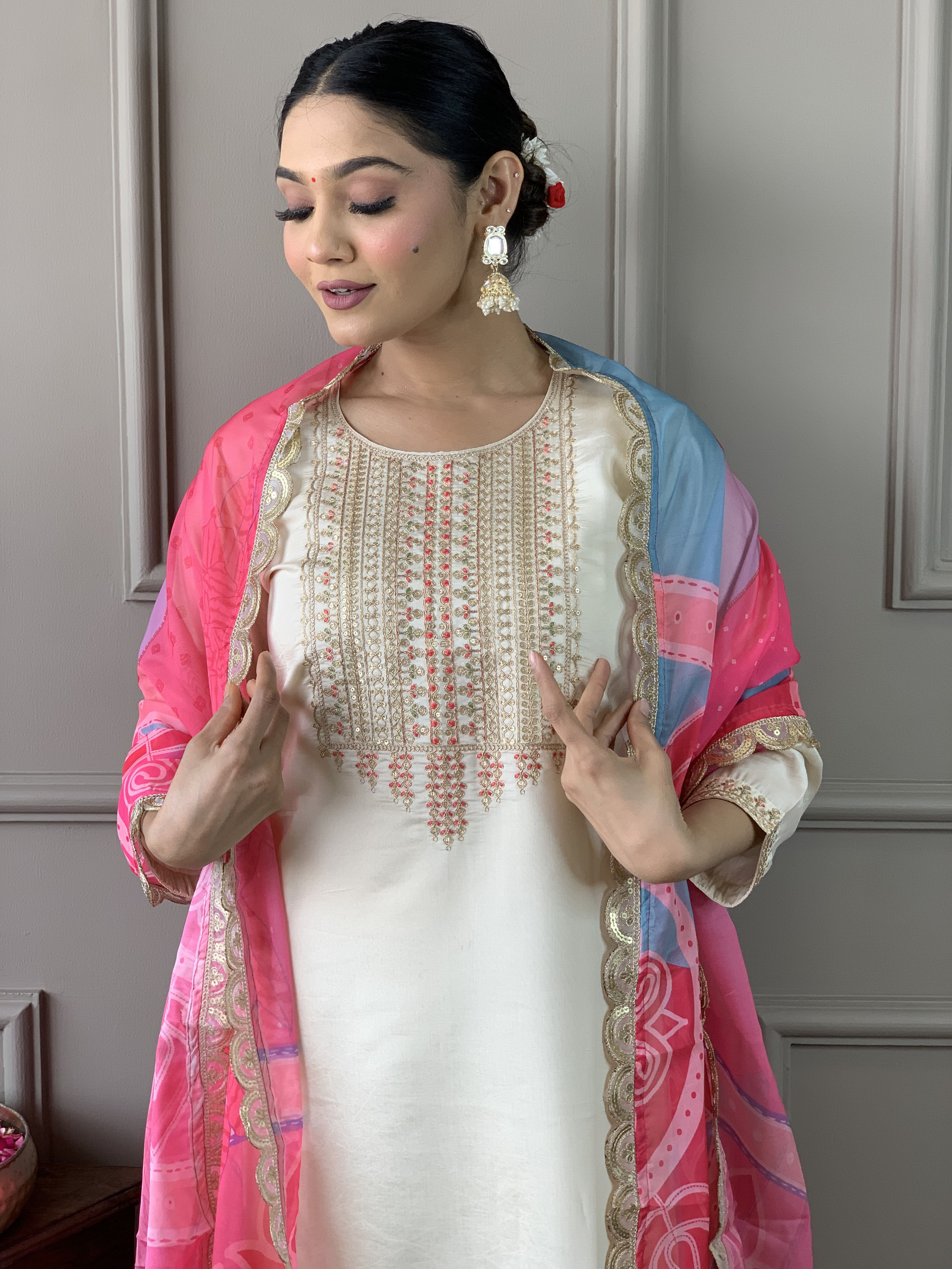 Cream Viscose Chanderi Kurti Set with Tebby Dupatta