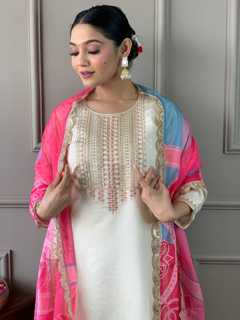 Cream Viscose Chanderi Kurti Set with Tebby Dupatta