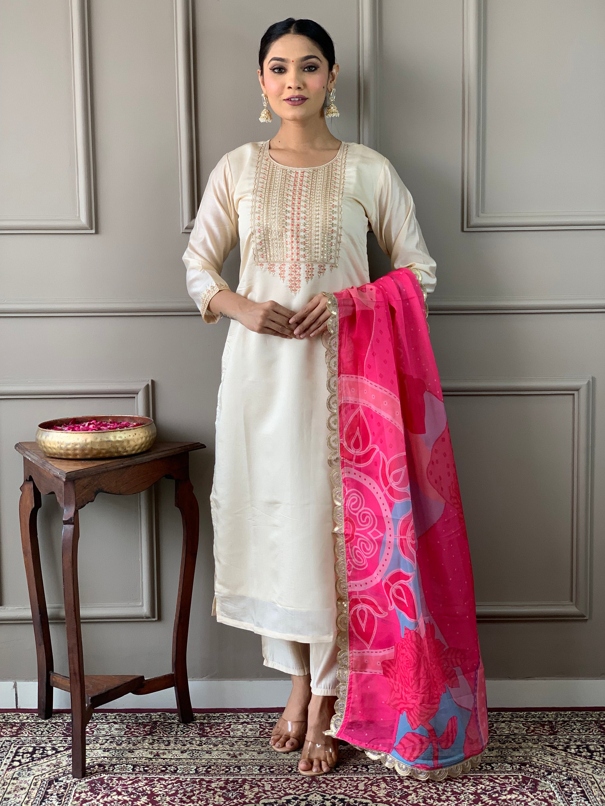 Cream Viscose Chanderi Kurti Set with Tebby Dupatta