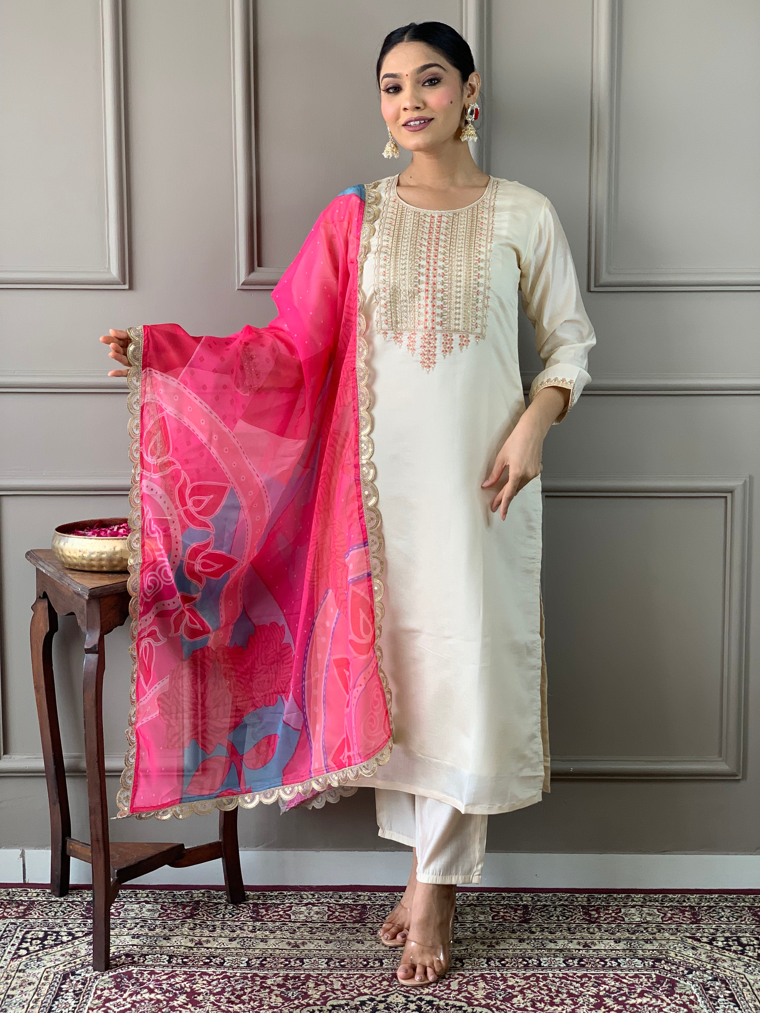 Cream Viscose Chanderi Kurti Set with Tebby Dupatta
