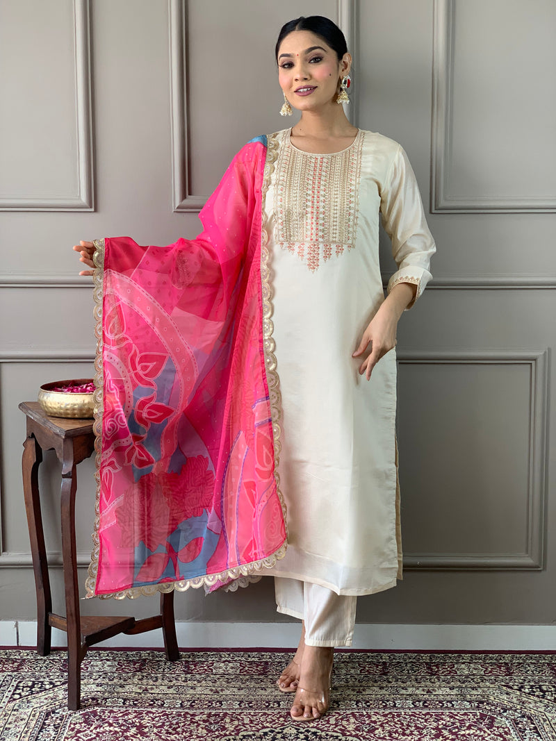 Cream Viscose Chanderi Kurti Set with Tebby Dupatta