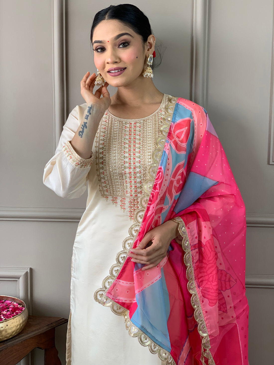 Cream Viscose Chanderi Kurti Set with Tebby Dupatta